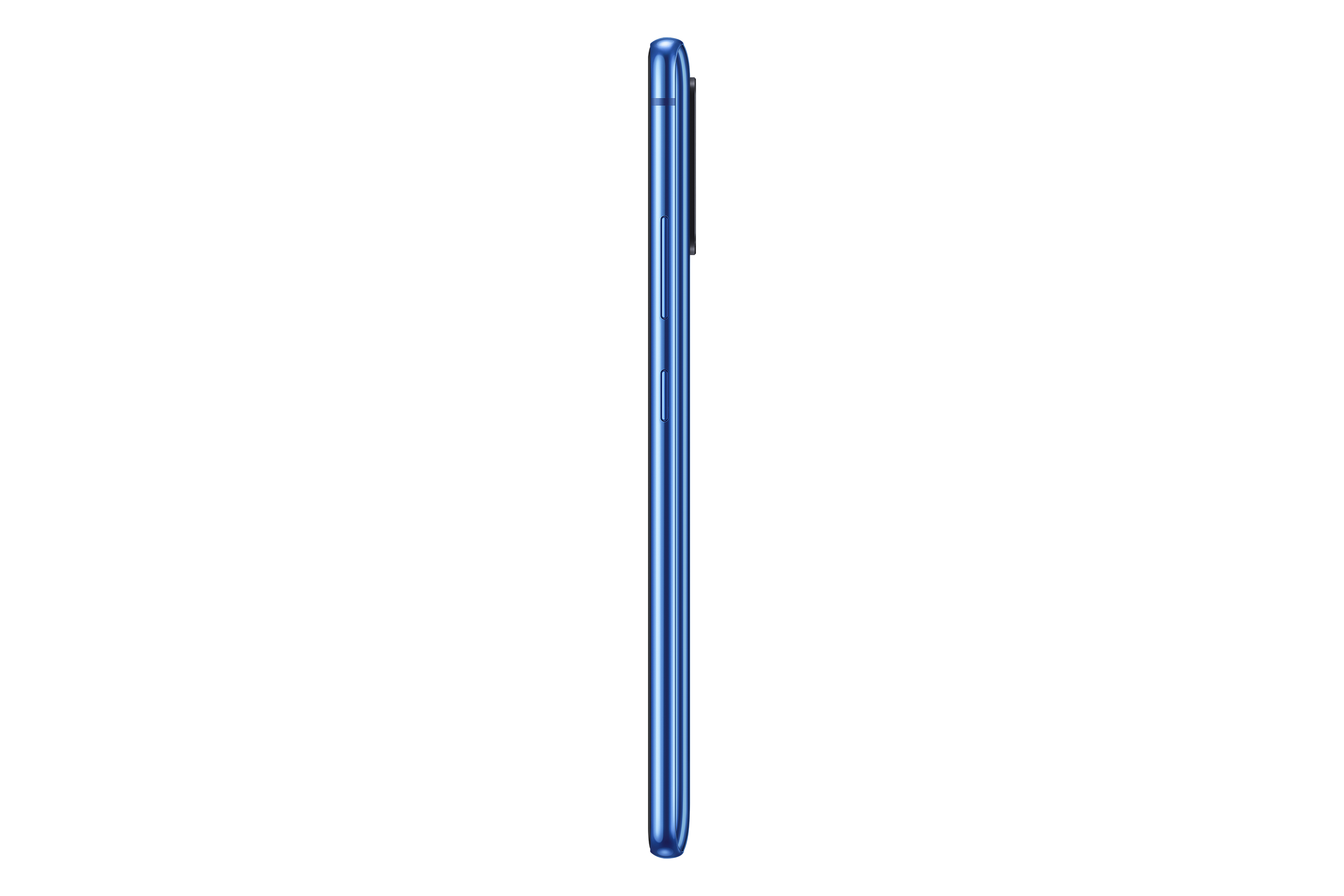 Zijaanzicht van een blauwe smartphone tegen een witte achtergrond, slank profiel.