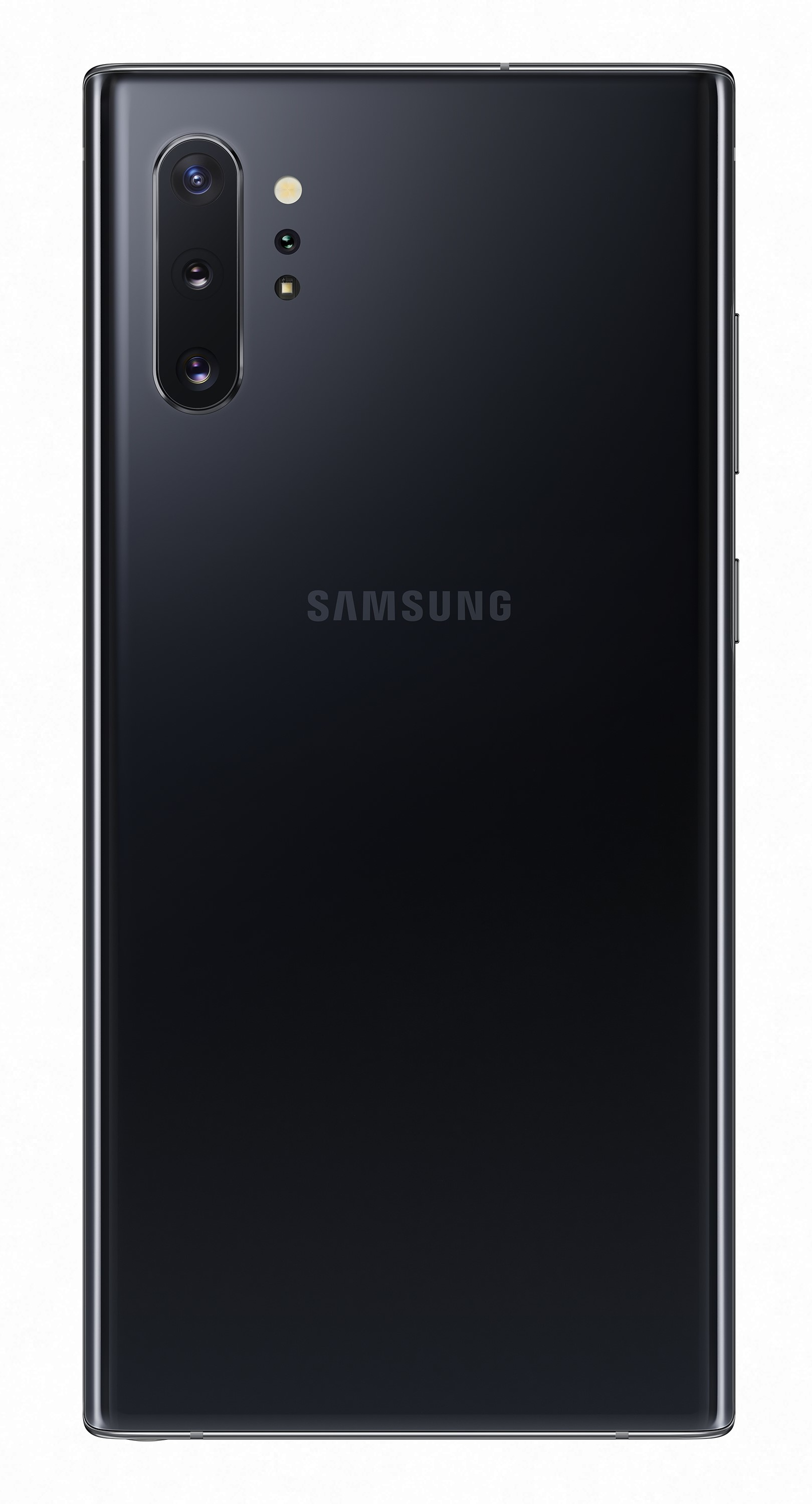 Czarny tył telefonu Samsung, układ kamer, logo Samsung. Białe tło.