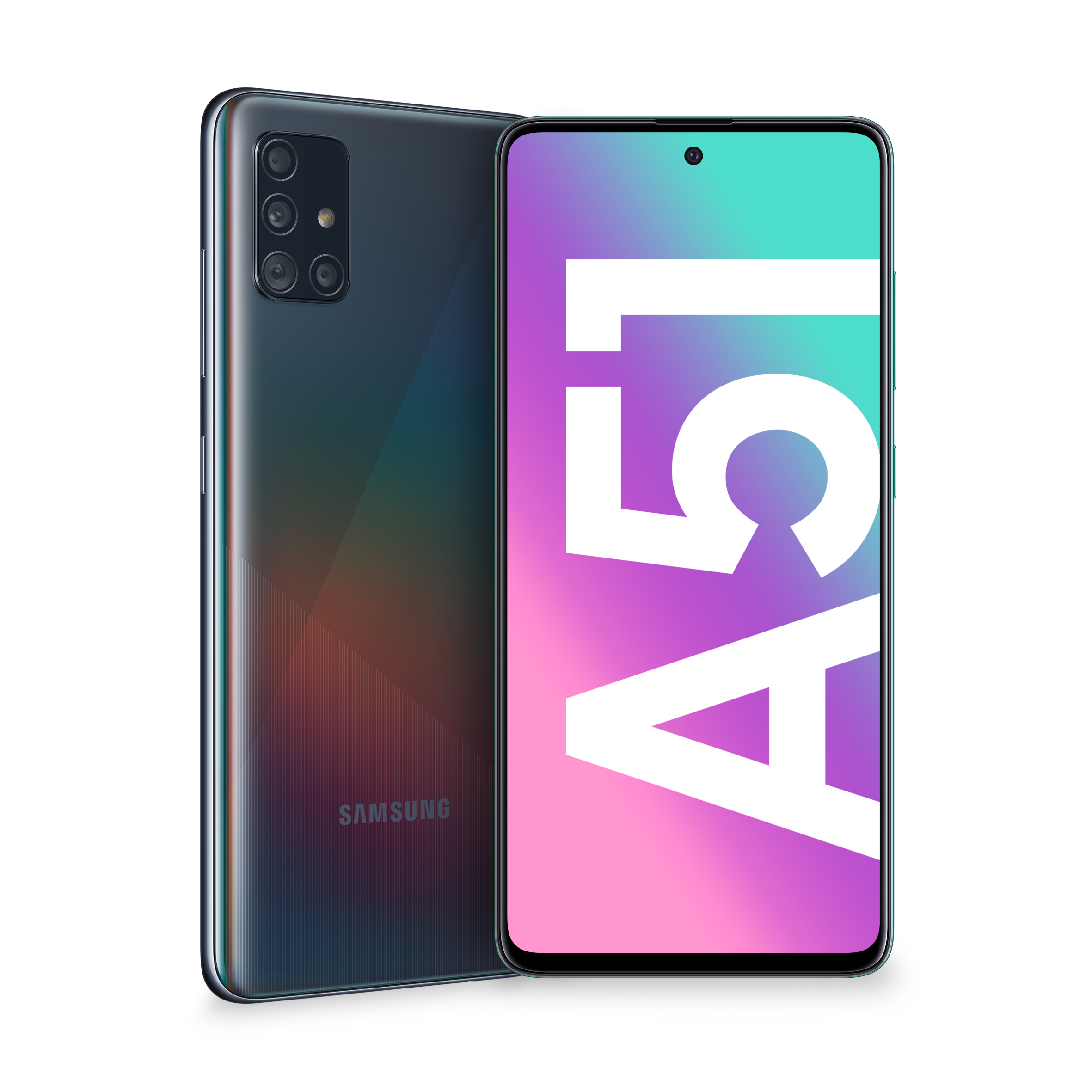 Telefon Samsung Galaxy A51, widok z tyłu i z przodu. Posiada wiele kamer i ekran.