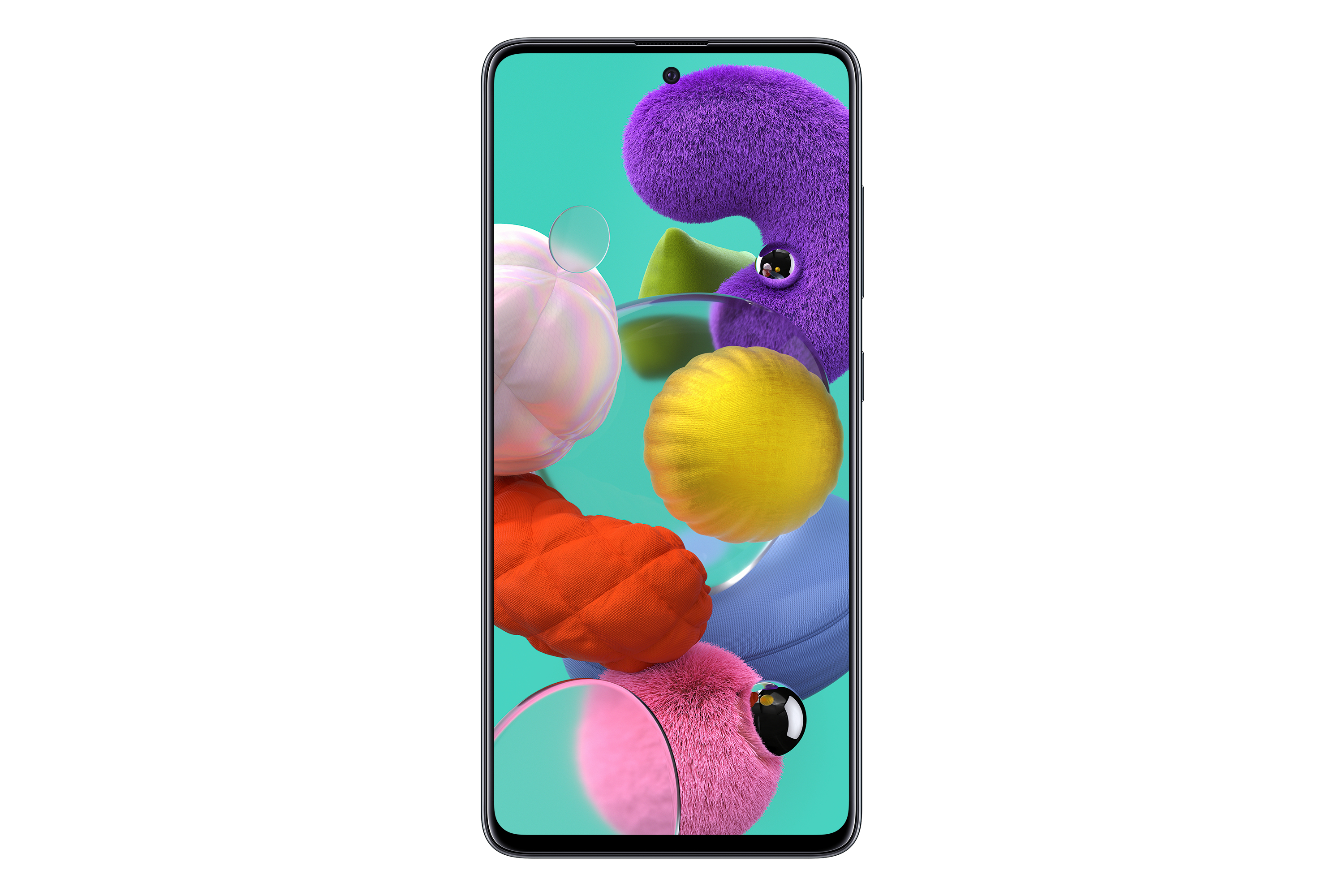 Telefon Samsung wyświetla kolorowe, abstrakcyjne kształty na ekranie.