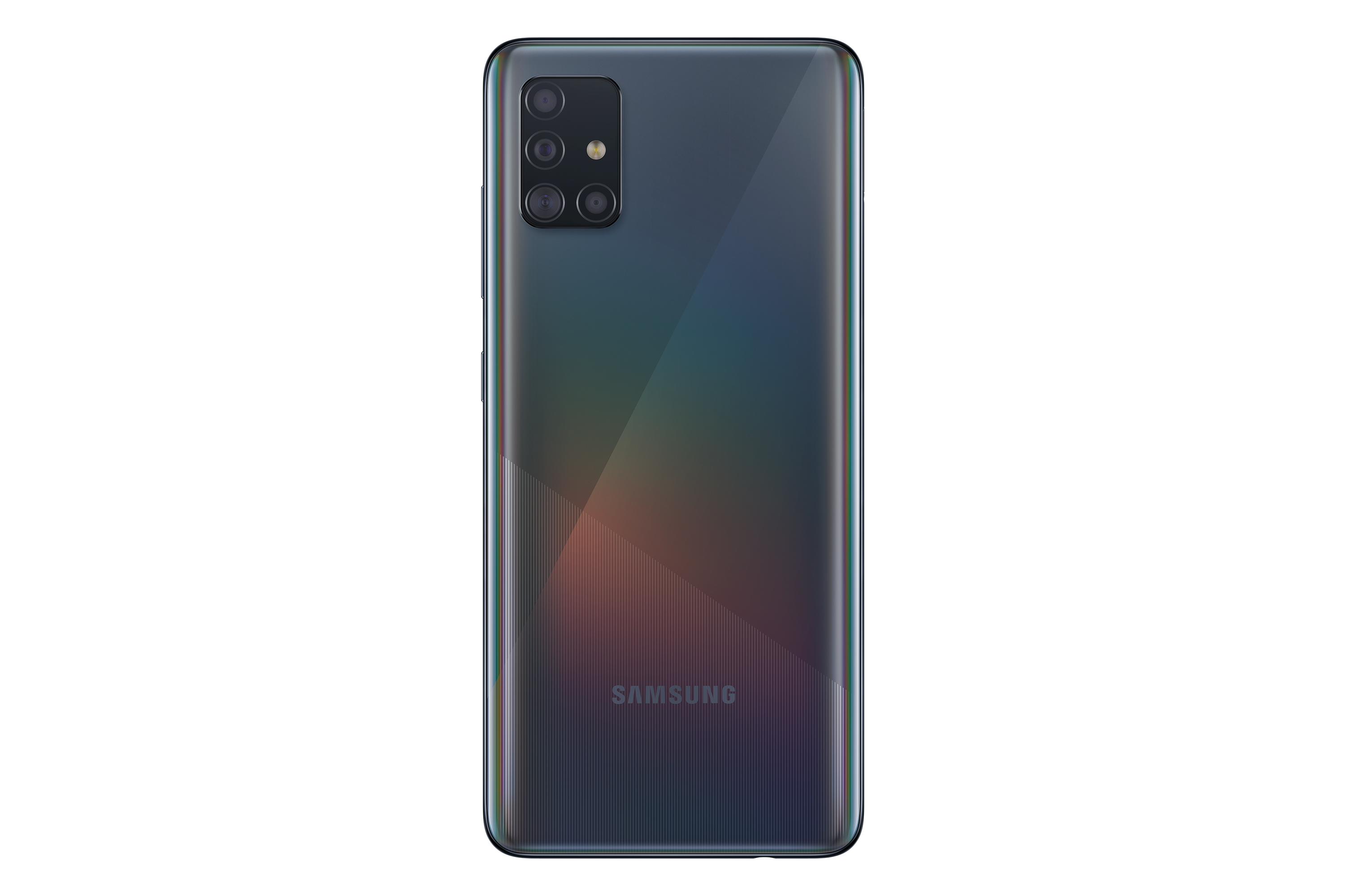 Widok z tyłu ciemnego telefonu, wiele kamer, białe tło.