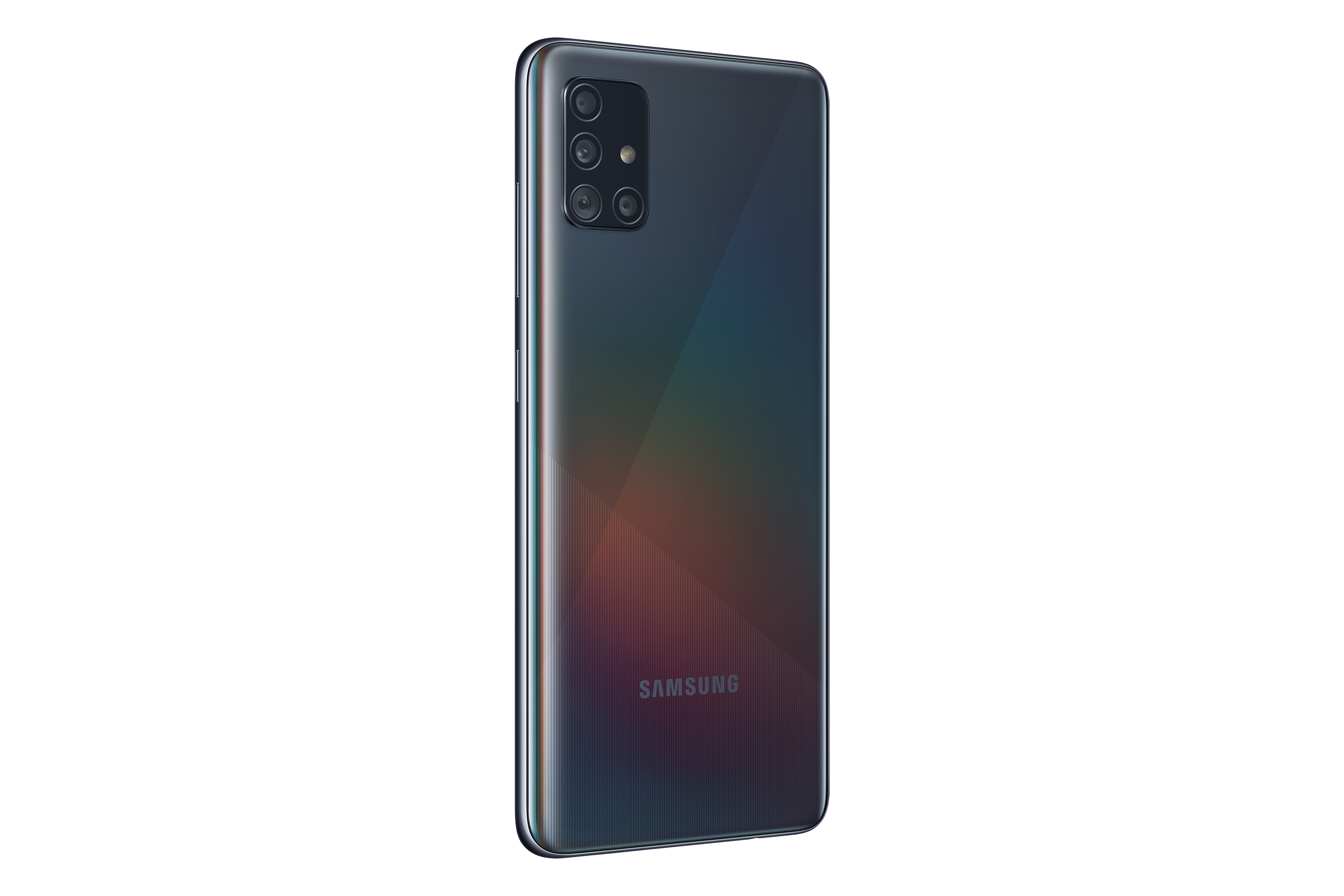 Tył czarnego smartfona z zestawem aparatów i logo Samsung na dole.