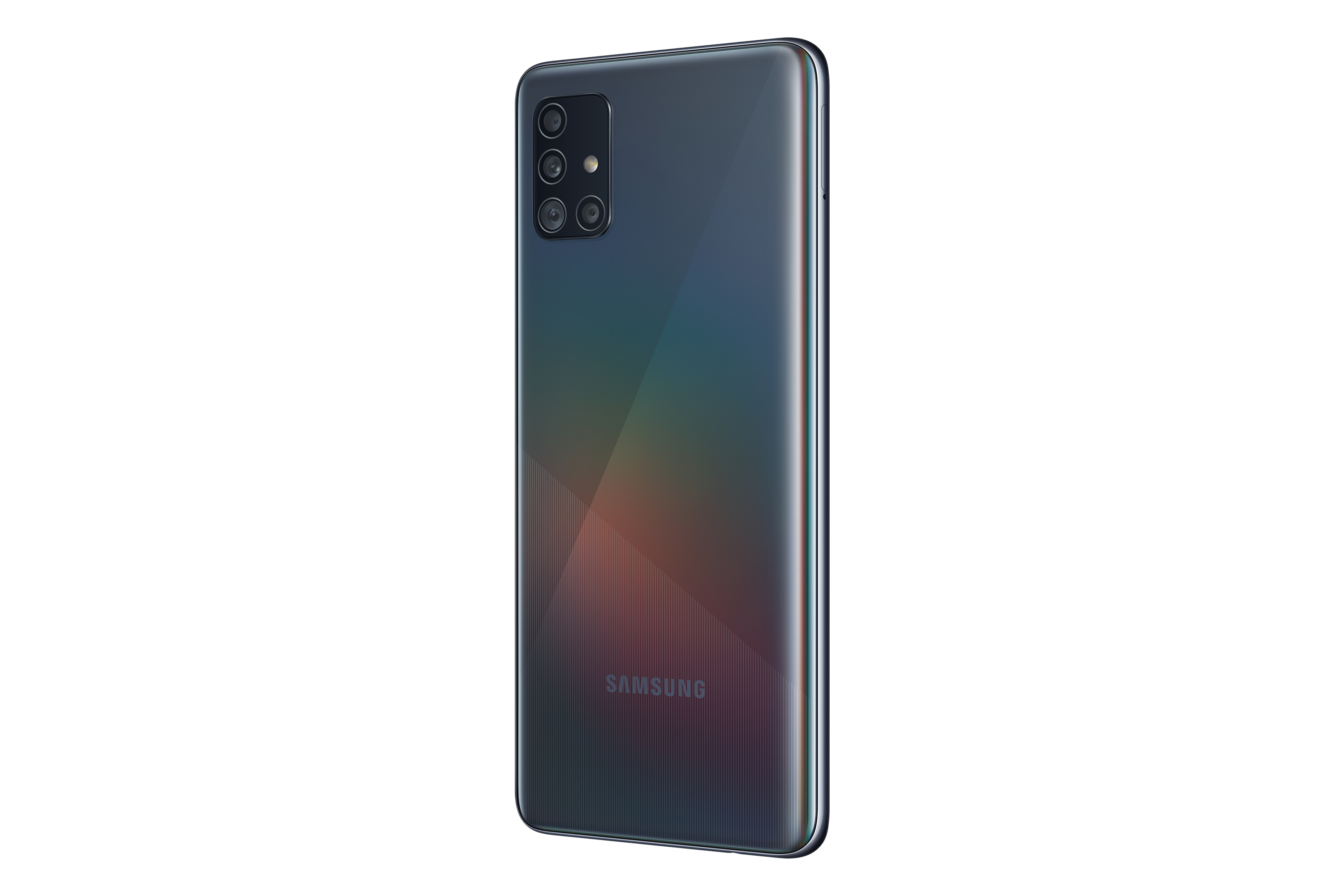 Czarny tył telefonu Samsung z efektem gradientu, aparatami i logo. Izolowane.
