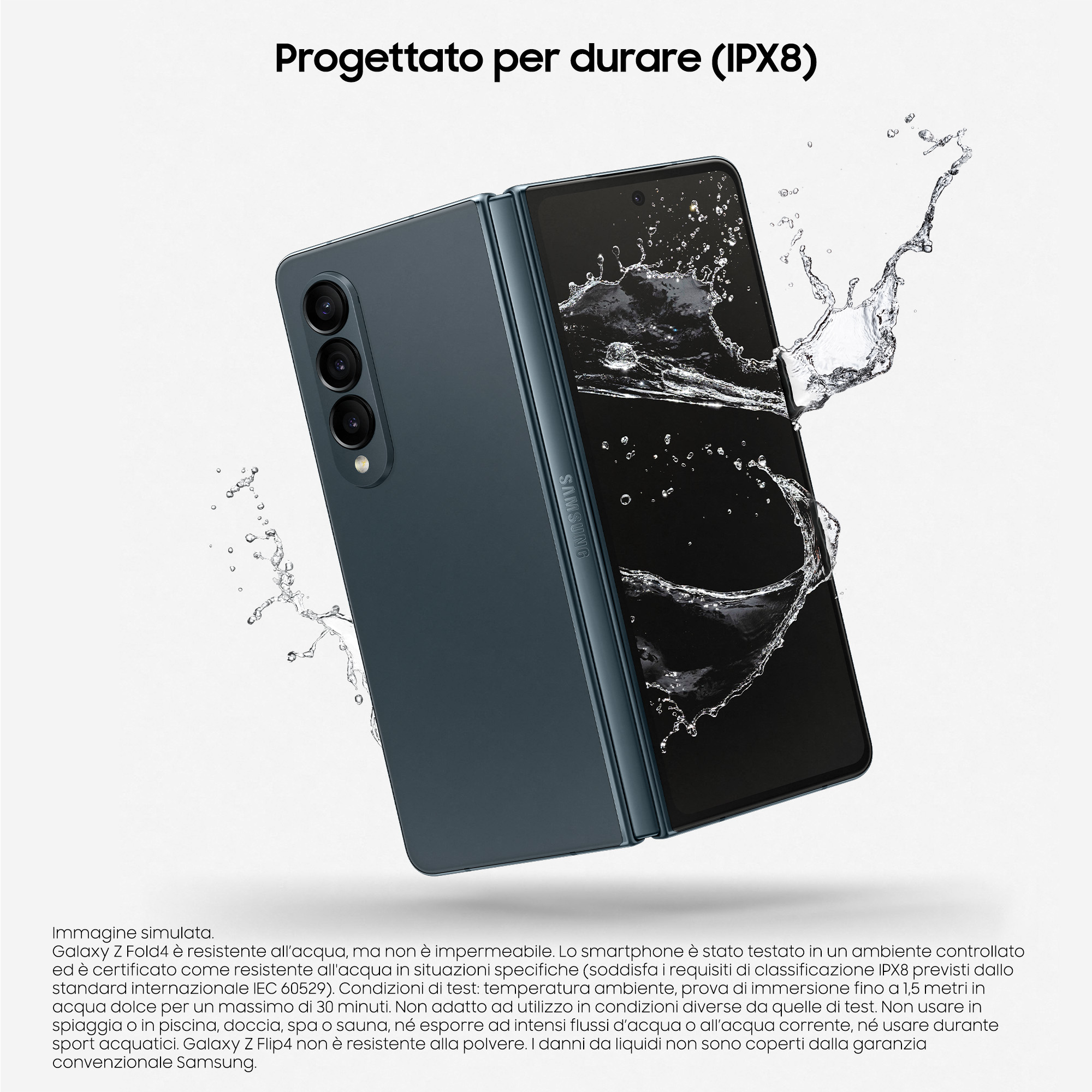 Faltbares Telefon. Das Telefon ist geöffnet, Wasser spritzt auf den blauen Bildschirm.
