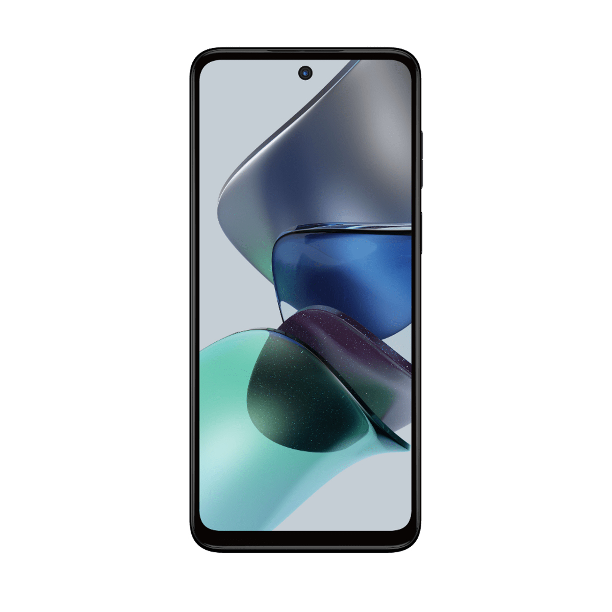 Przód smartfona z ekranem wyświetlającym abstrakcyjne obrazy na białym tle.