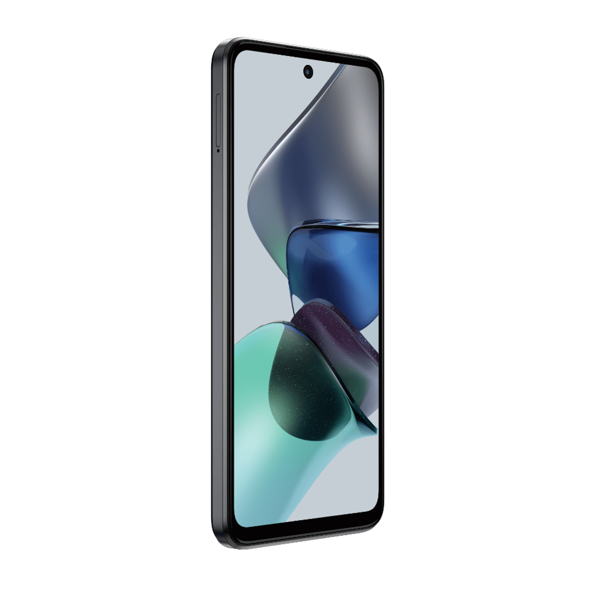 Szary smartfon, widok z boku, z turkusowym wzorem na ekranie.