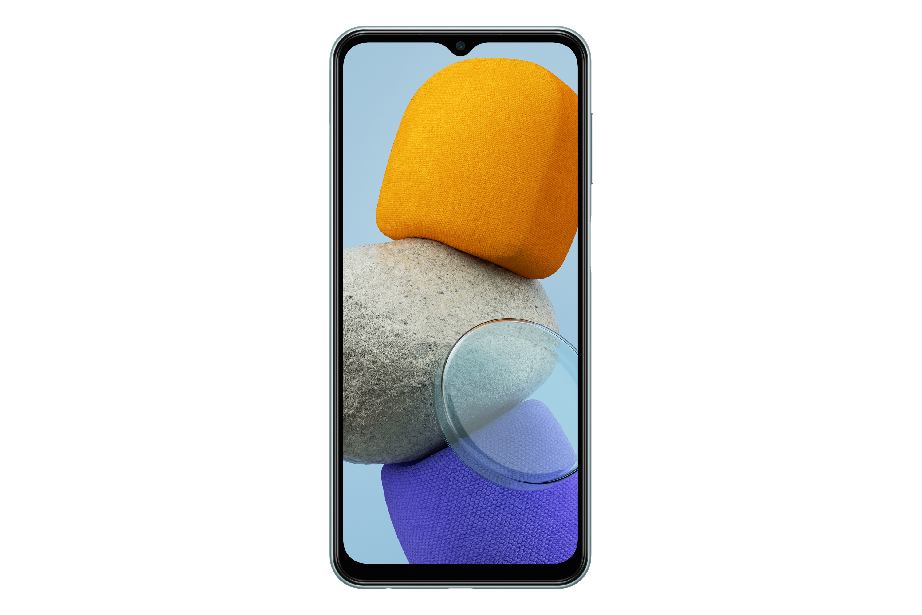 Smartphone mit abstrakten geometrischen Formen auf dem Bildschirm. Weißer Hintergrund.