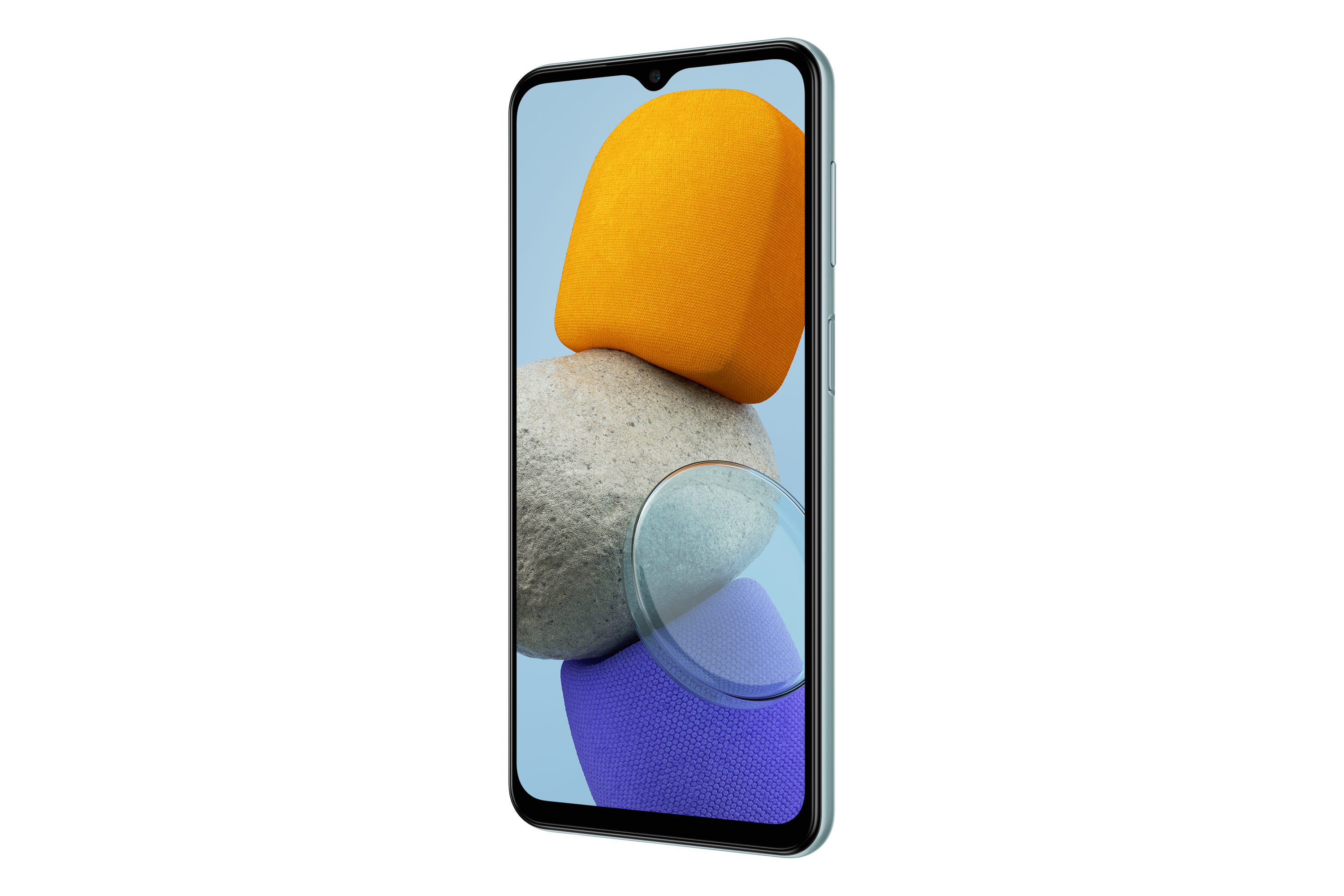 Grünes Smartphone, das ein farbenfrohes abstraktes Bild auf dem Bildschirm mit gelben, blauen und weißen Formen zeigt.