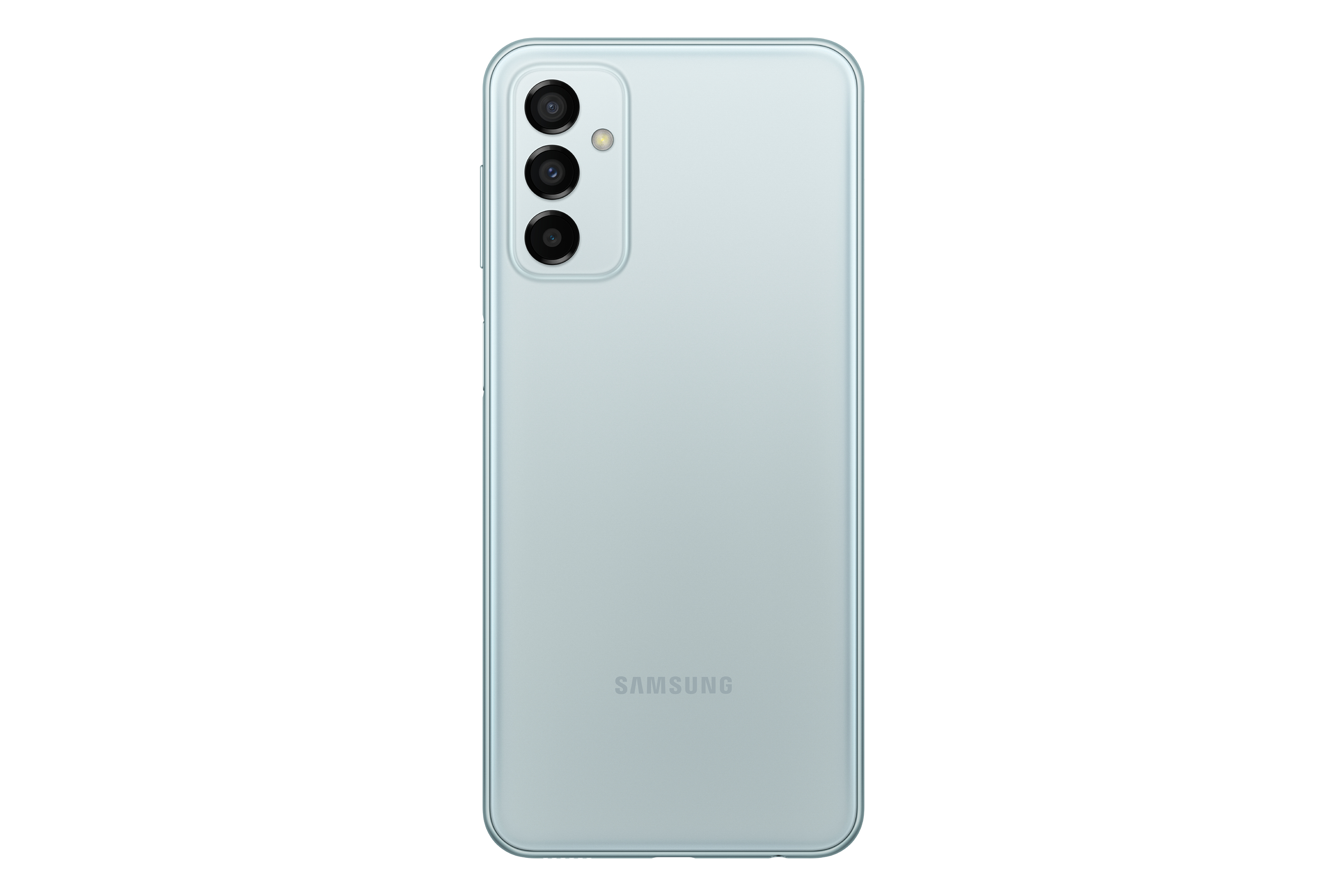 Ein mintfarbenes Smartphone von hinten. Das Telefon hat drei Kameras. Das Samsung-Logo befindet sich unten am Gerät.