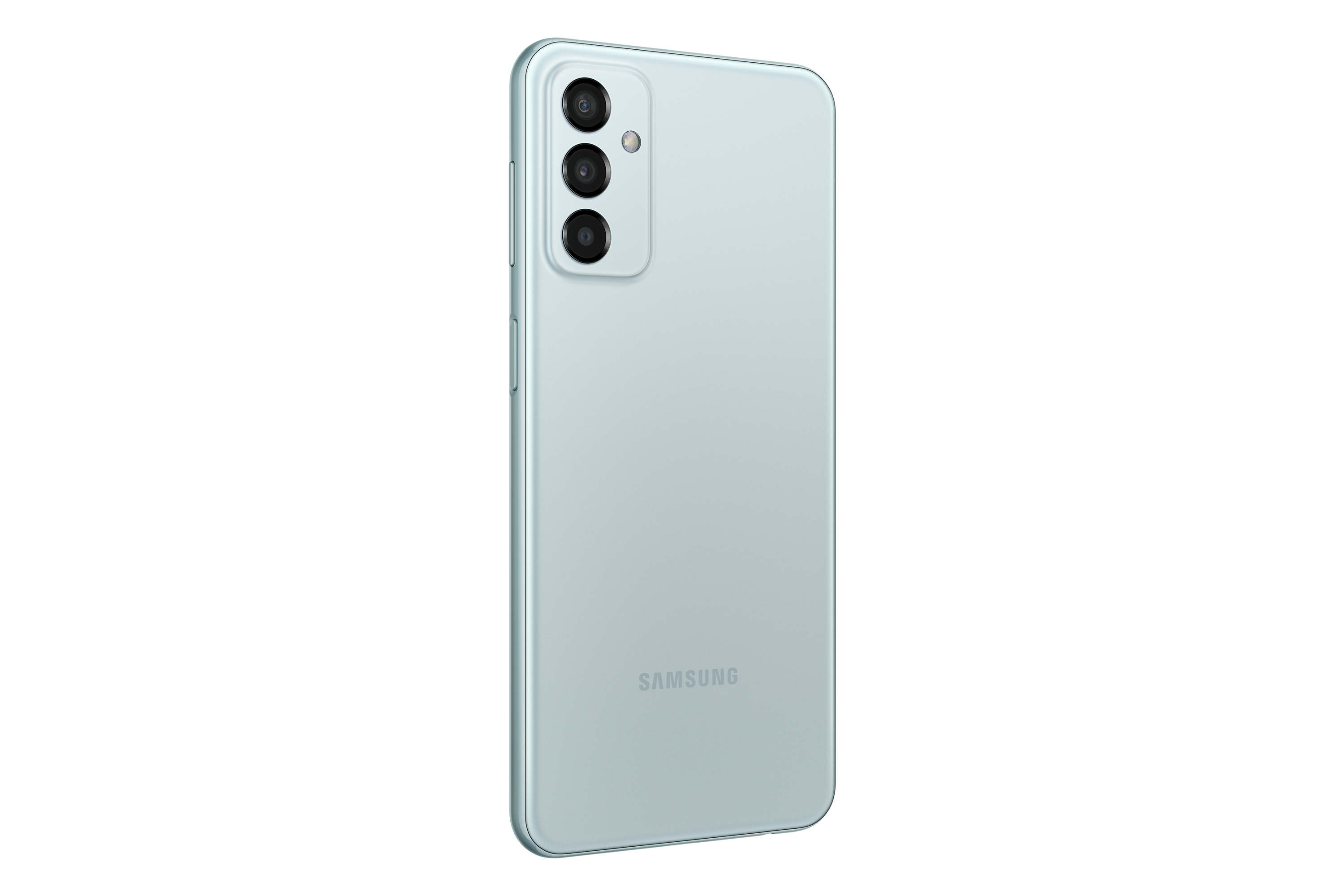 Rückansicht eines hellgrünen Smartphones mit drei Kameras und dem Samsung-Logo.