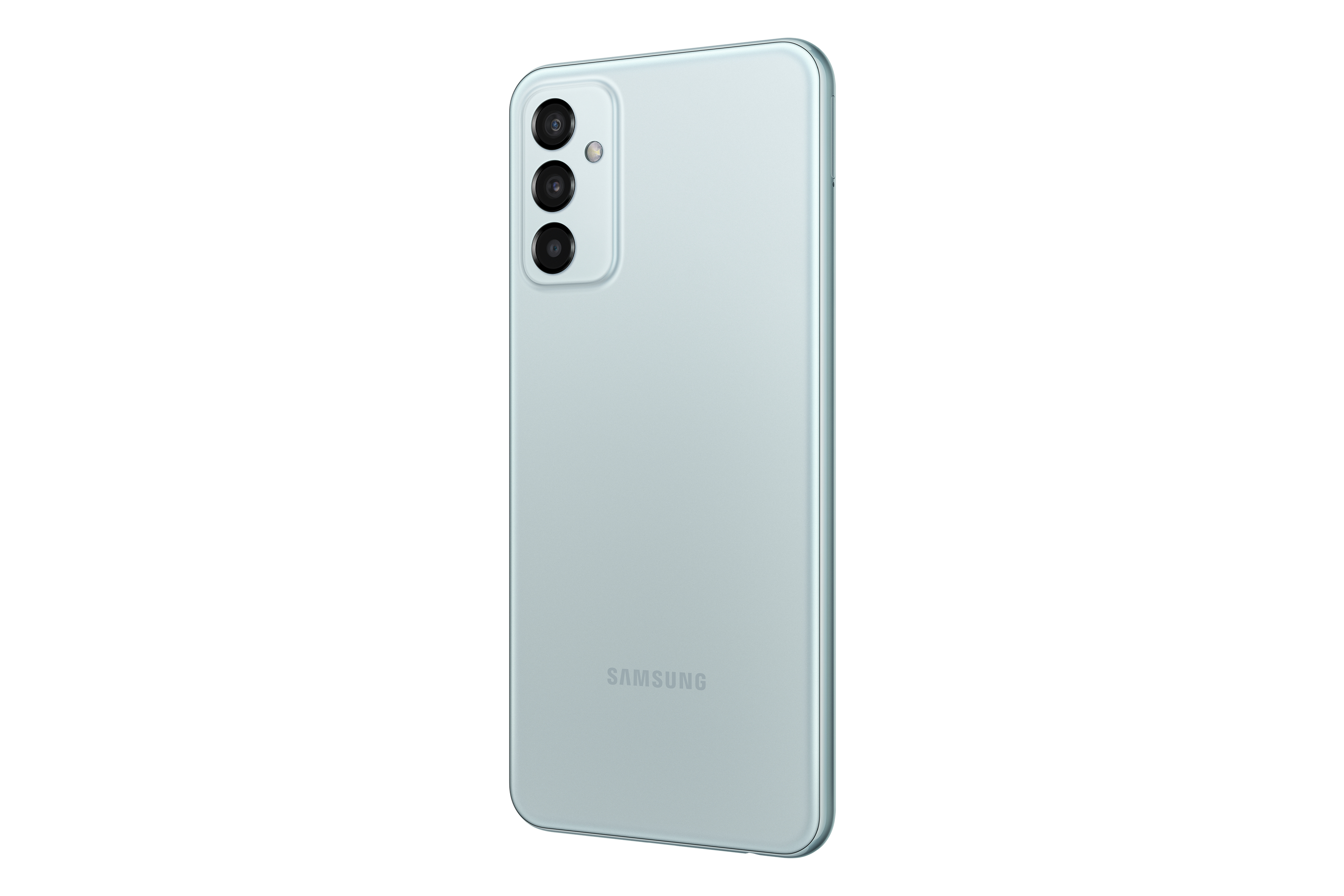 Hellblaues Samsung-Telefon mit drei Rückkameras. Weißer Hintergrund.