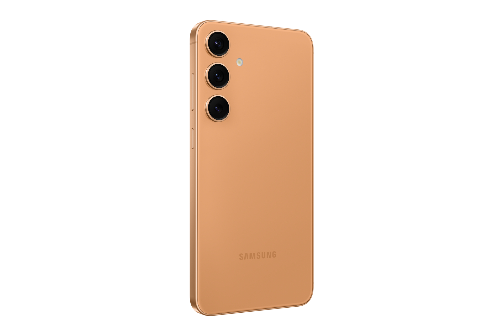 Achteraanzicht van een bruingeel smartphone met drie camera's.