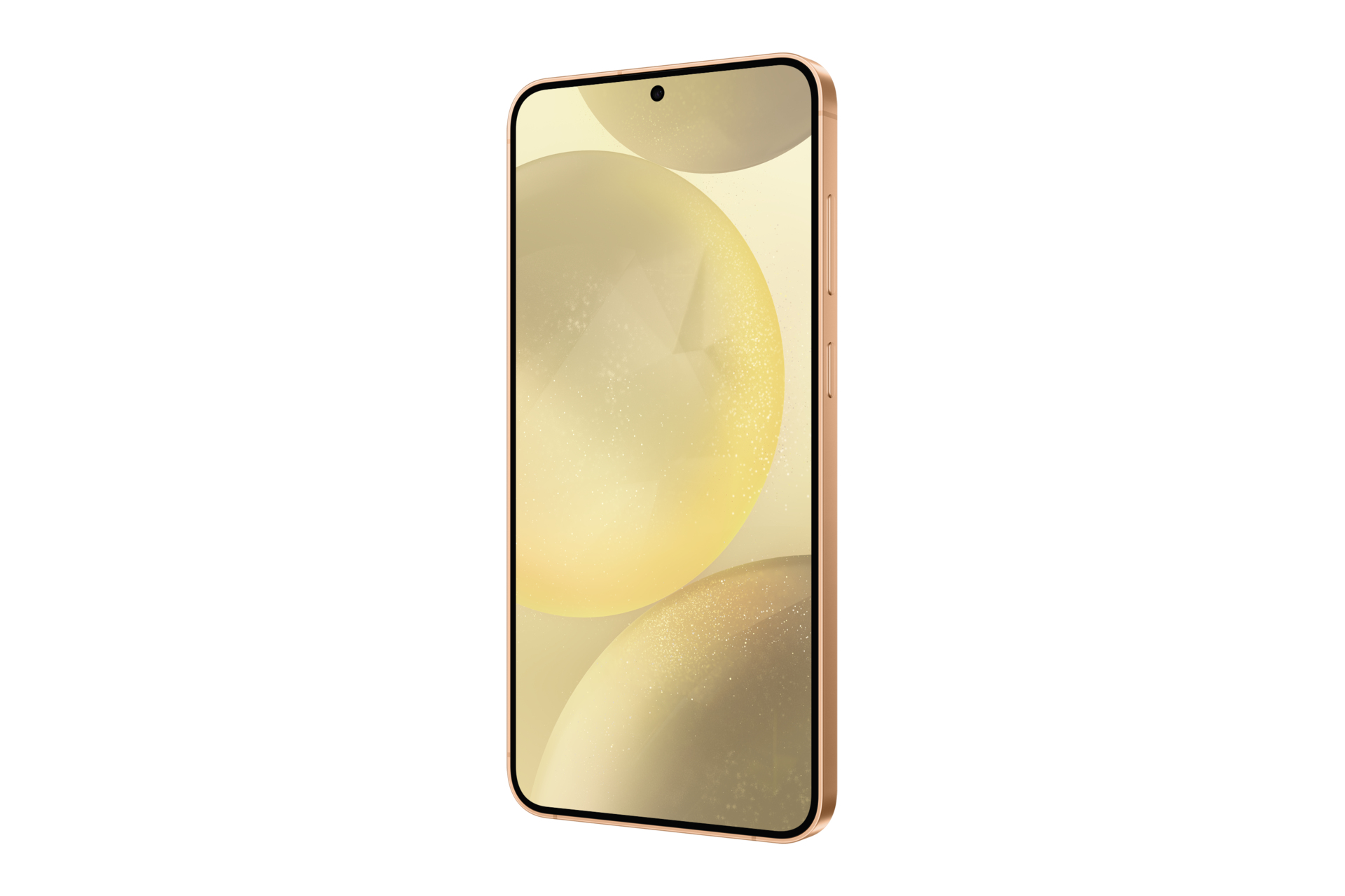 Gouden smartphone met een gebogen scherm en een gouden frame. Het wordt getoond tegen een witte achtergrond.