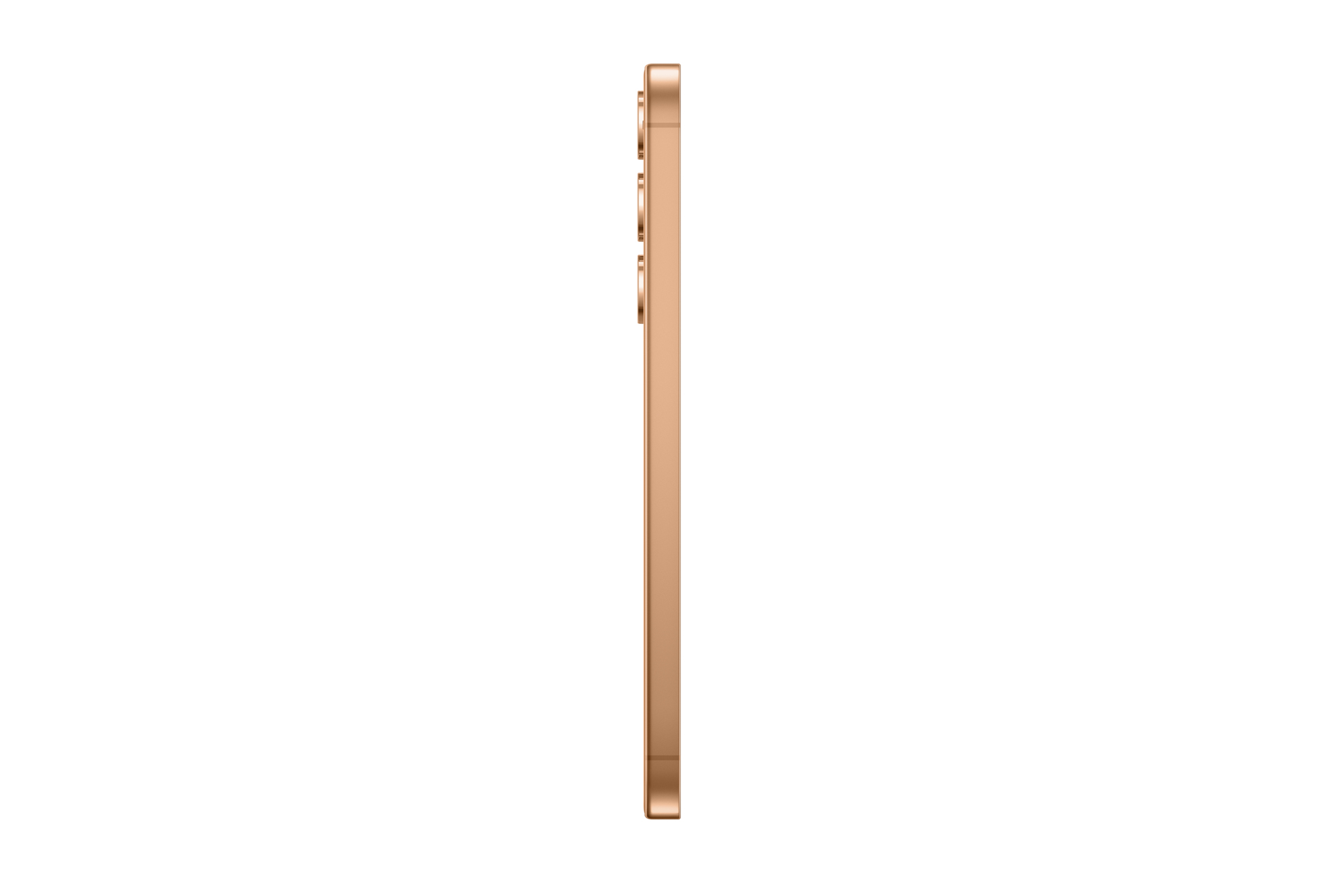 Zijaanzicht van een gouden smartphone tegen een witte achtergrond. De behuizing is slank en toont geen knoppen.
