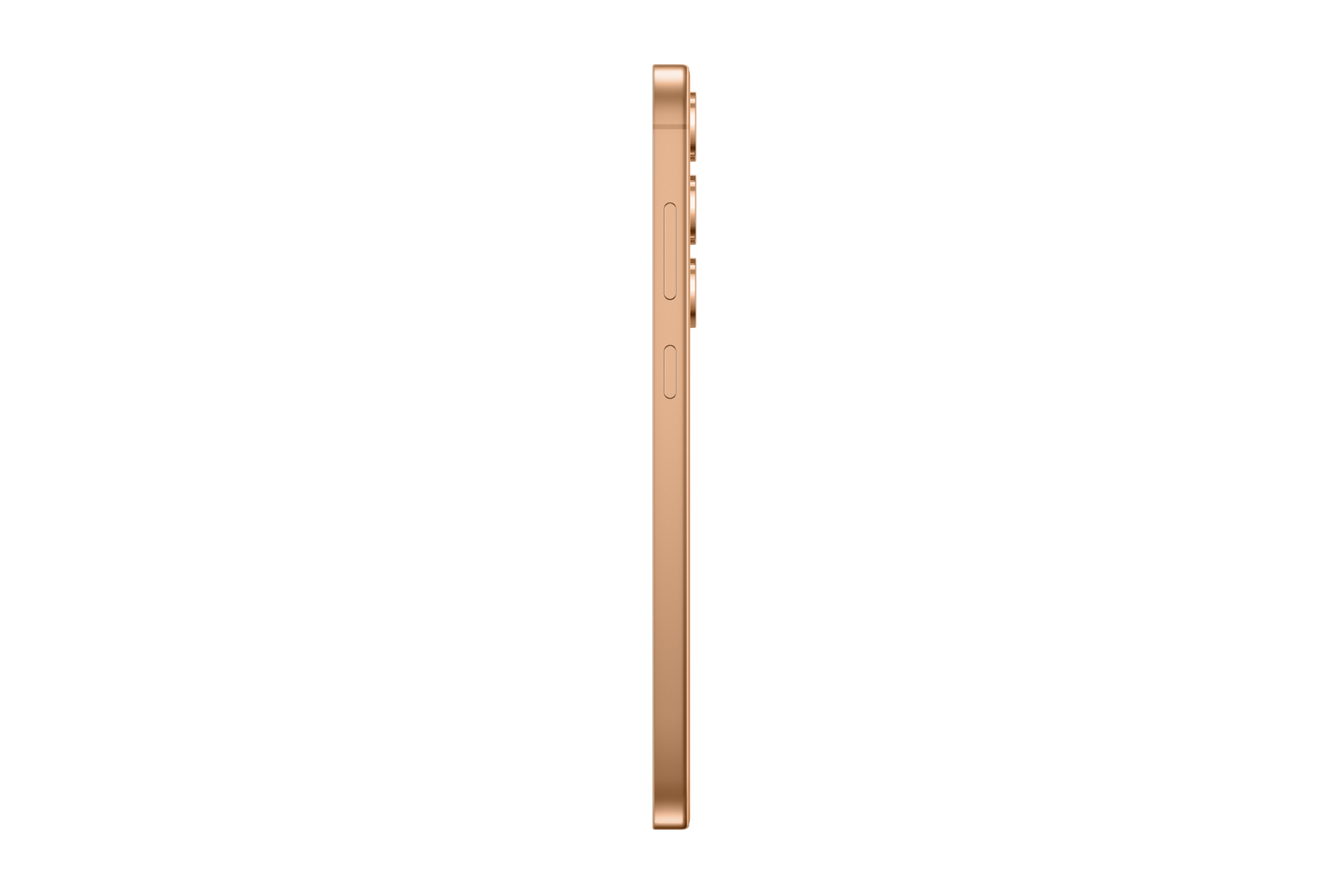 Het zijaanzicht van een gouden telefoon met knoppen, tegen een witte achtergrond.