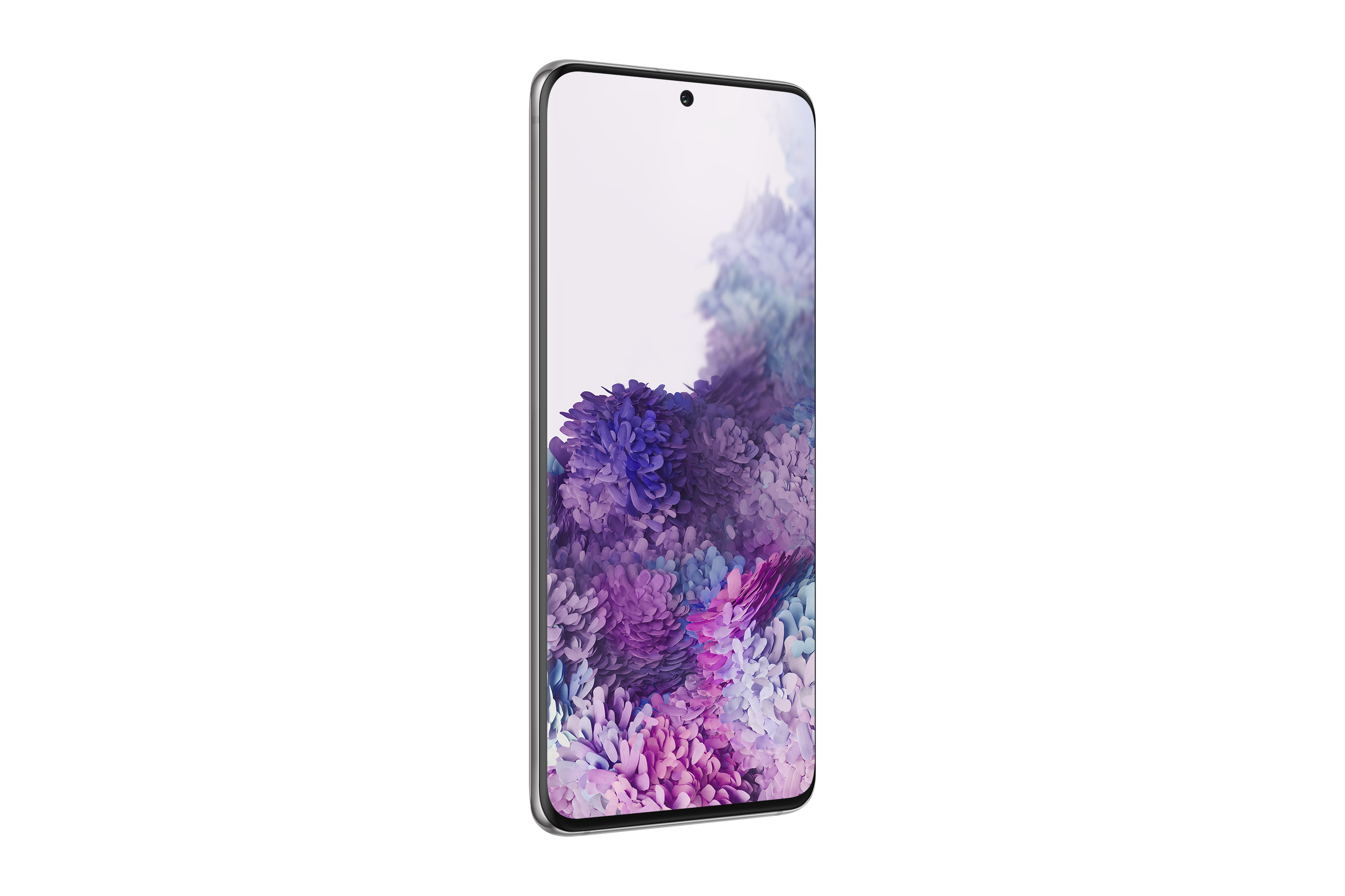 Smartphone mit einem Bildschirm, der einen lila floralen Hintergrund mit schwarzem Rahmen zeigt.