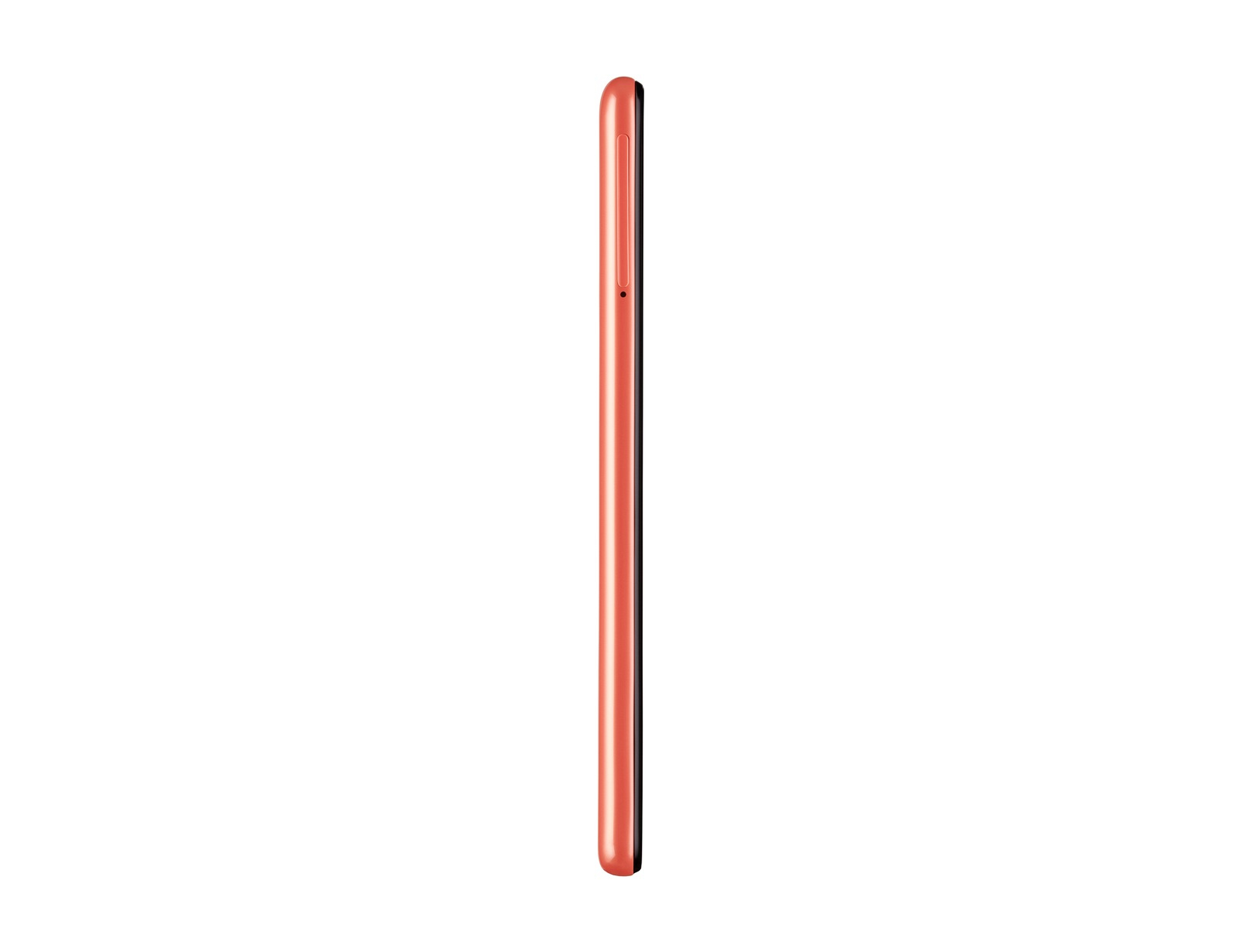Uno smartphone sottile, color corallo, visto di lato, su sfondo bianco. Il telefono è verticale.