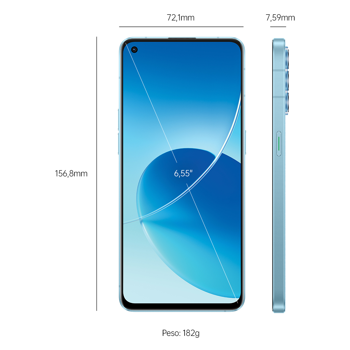 Niebieski smartfon z wymiarami i pomiarami na białym tle.