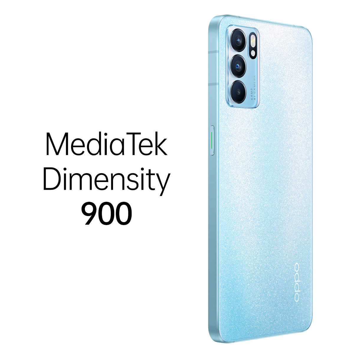 Niebieski telefon z trzema aparatami. Tekst 'MediaTek Dimensity 900' z boku.