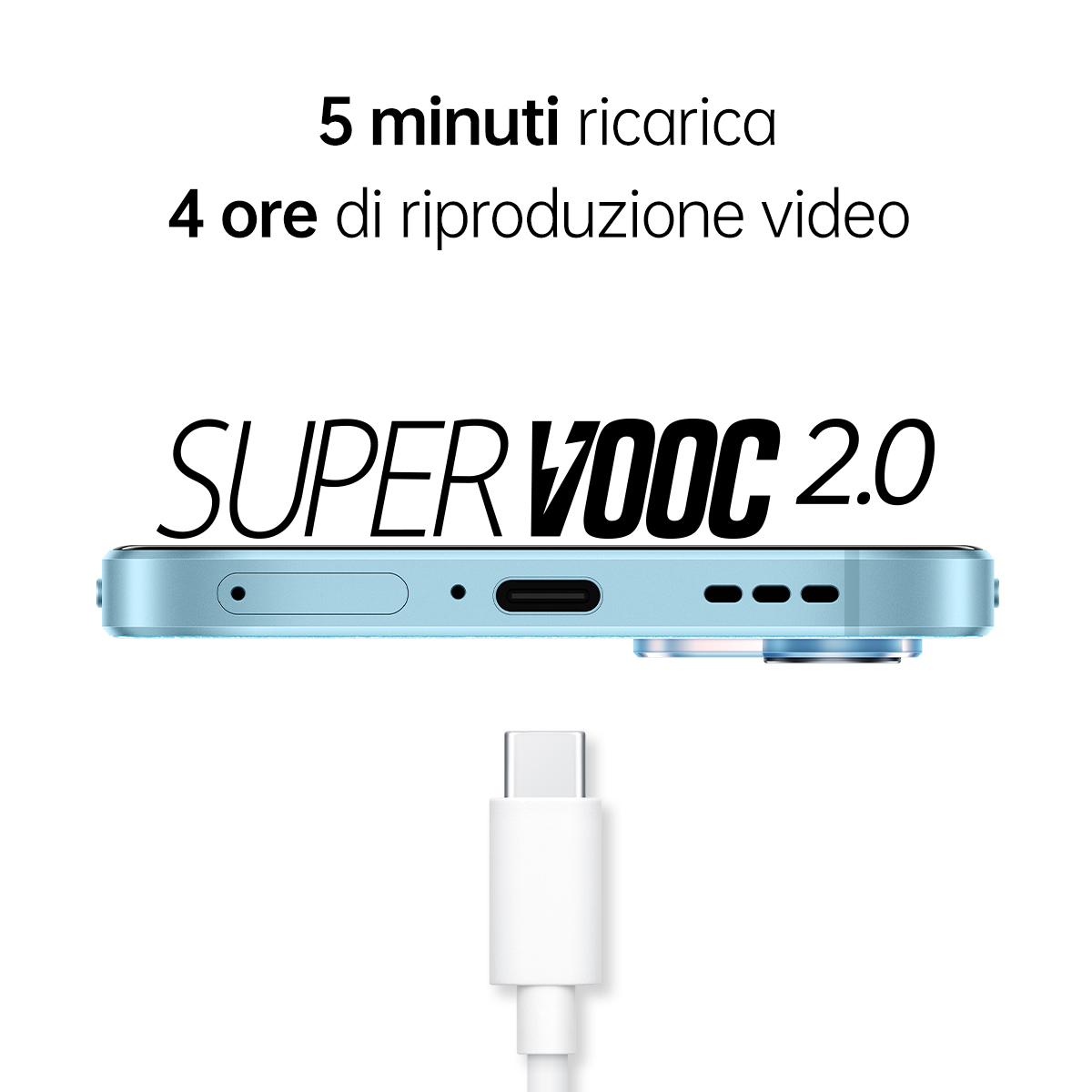 Dół telefonu z portem ładowania i tekstem o szybkim ładowaniu SUPERVOOC 2.0 i czasie odtwarzania wideo.