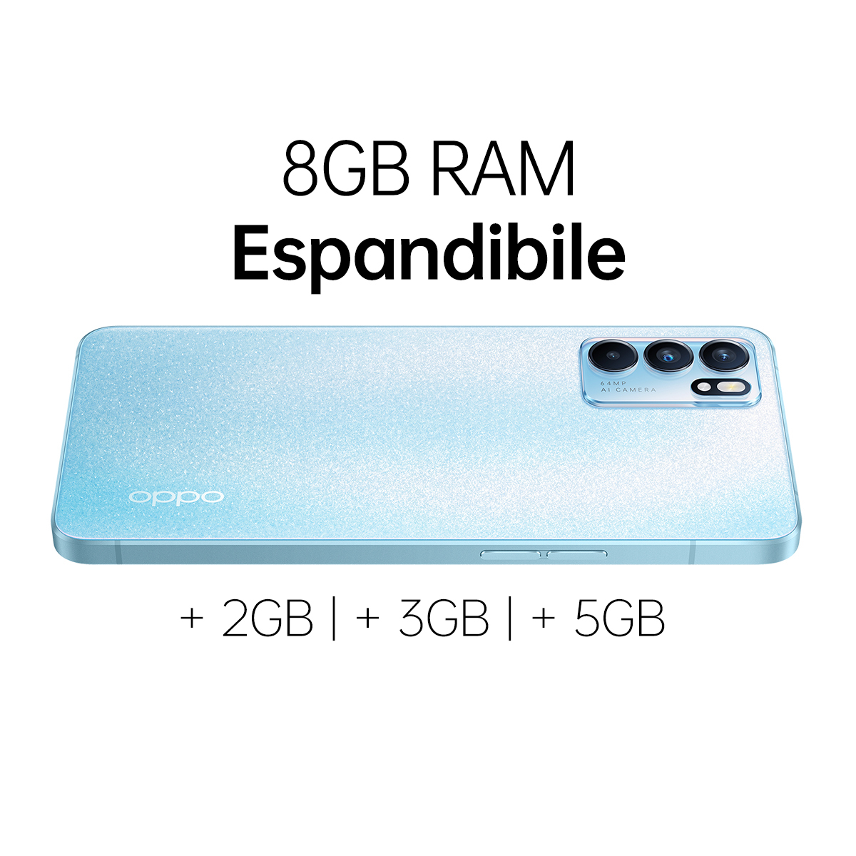 Niebieski tył telefonu, aparaty i tekst: 8GB RAM Expandable. Białe tło.