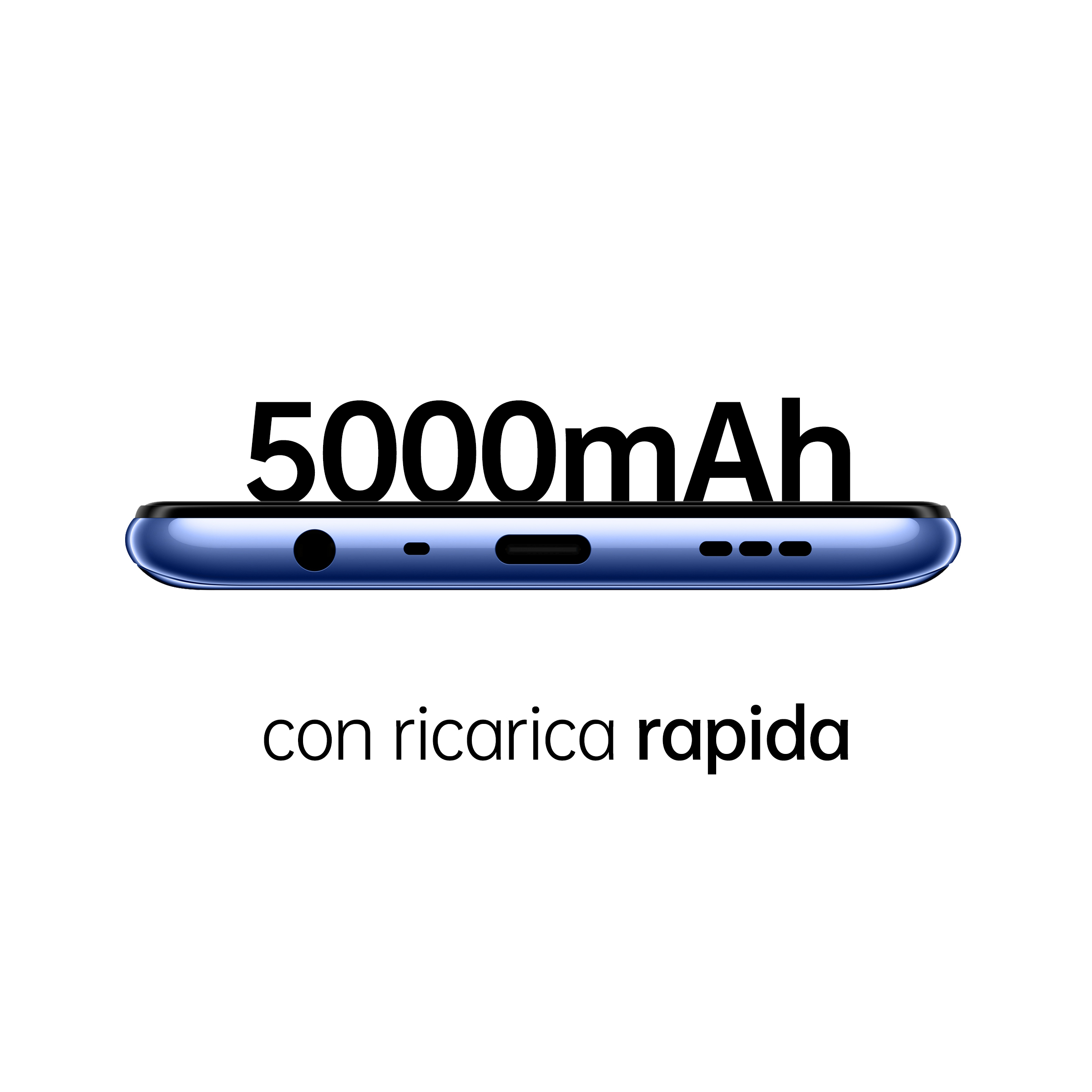 Unterkante eines blauen Telefons mit 5000mAh Akku, mit Ladeangaben.