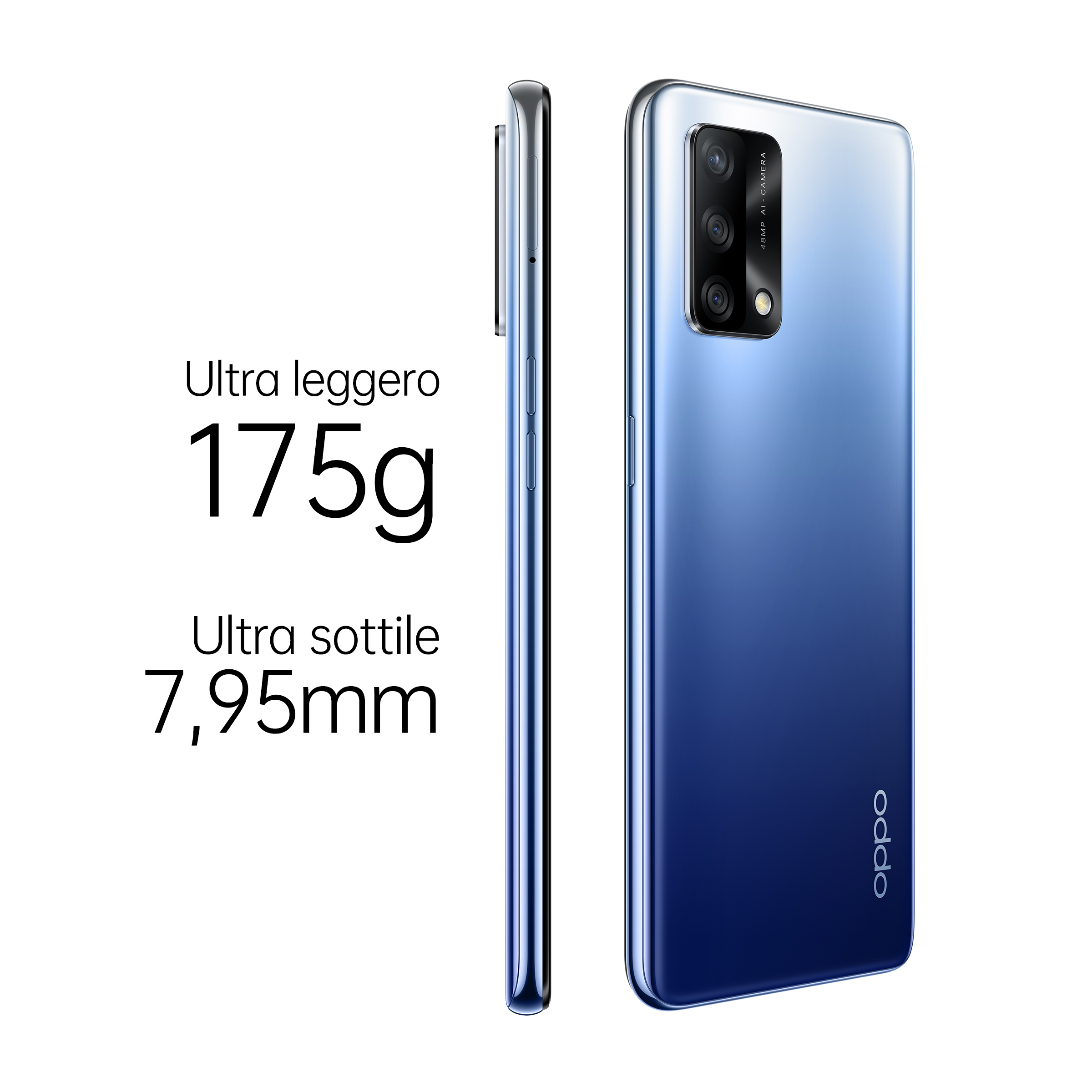 Telefon mit Seite und Rückseite. Text: ultraleicht 175g, ultradünn 7,95mm. Blauer Farbverlauf.