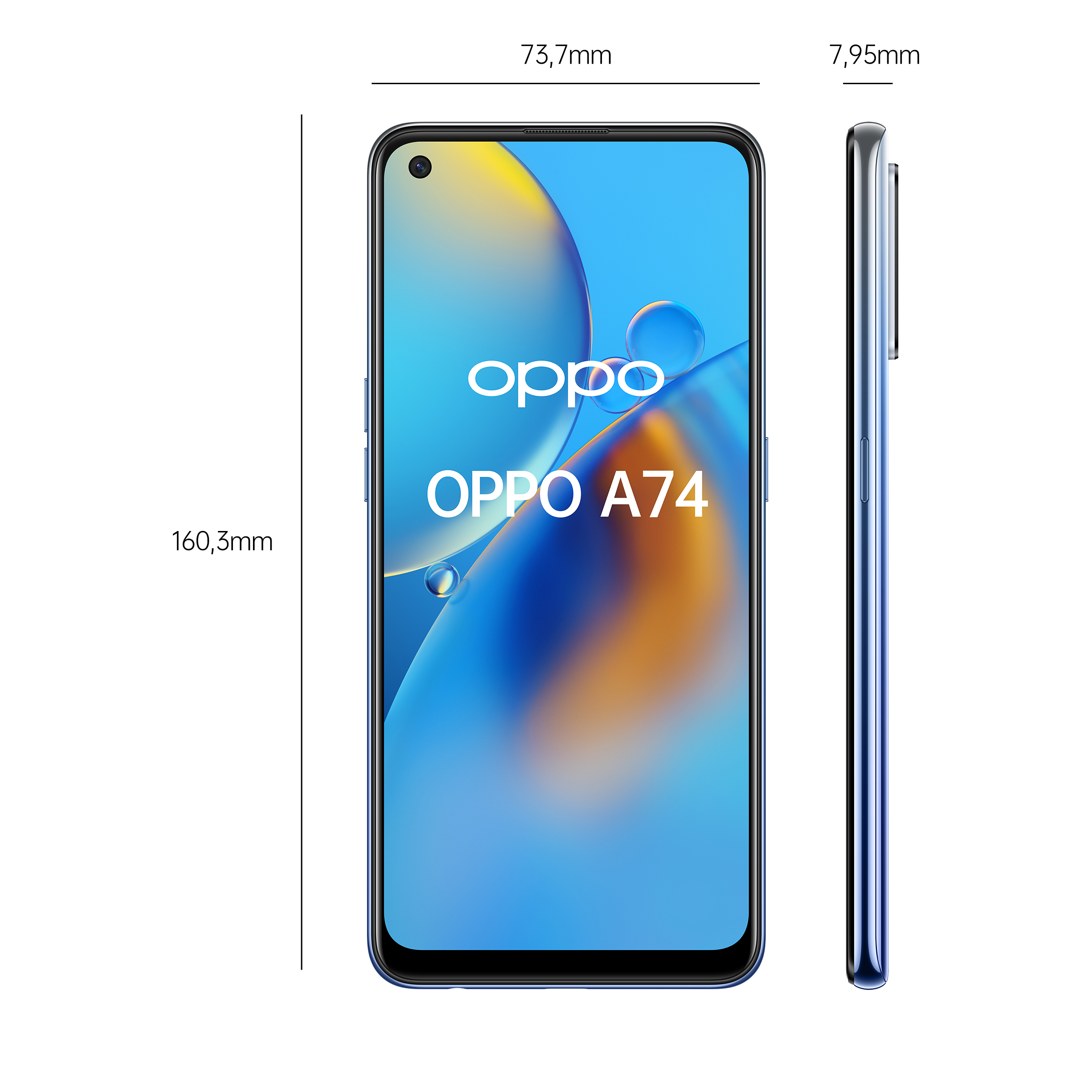 Ein Telefon zeigt Abmessungen und den Text Oppo A74 auf dem Bildschirm, blauer Hintergrund.