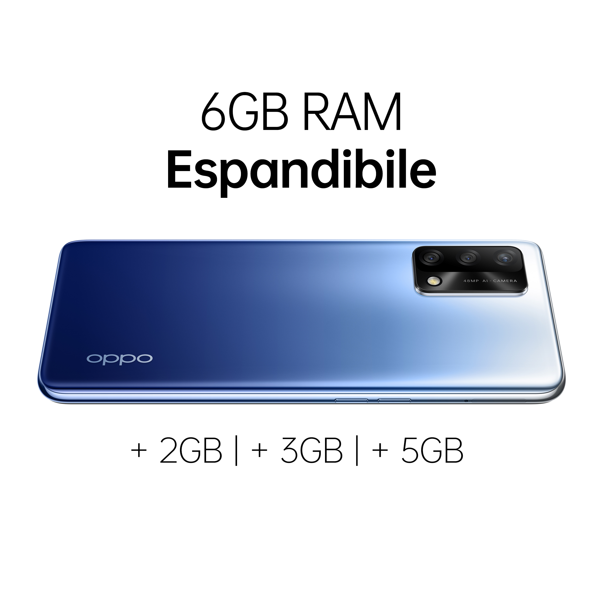 Blaue Telefonrückseite mit Kameras und Oppo-Logo. Zeigt RAM-Optionen.