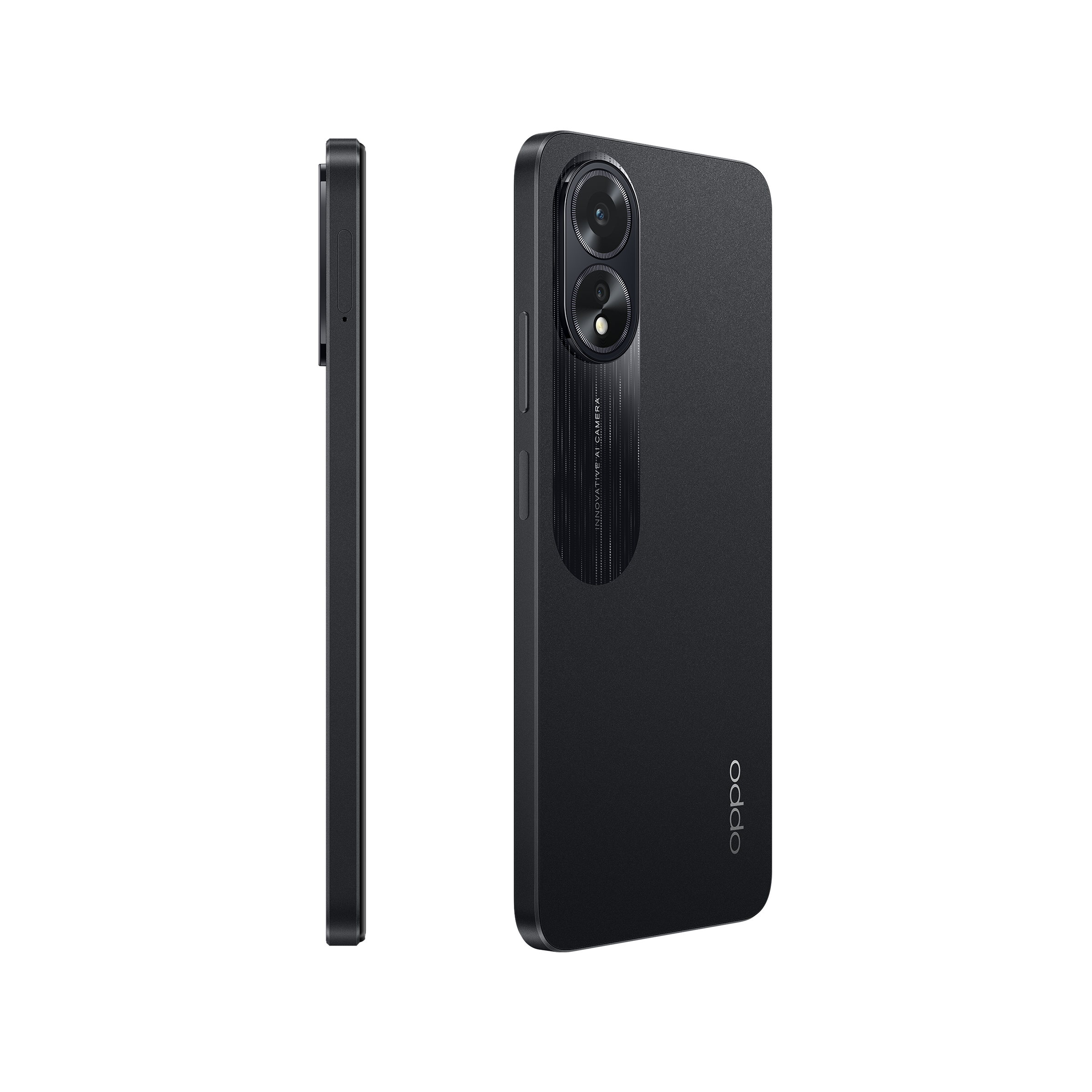 Vista trasera de un teléfono negro, con cámaras duales y el logotipo y texto de OPPO sobre una superficie negra.