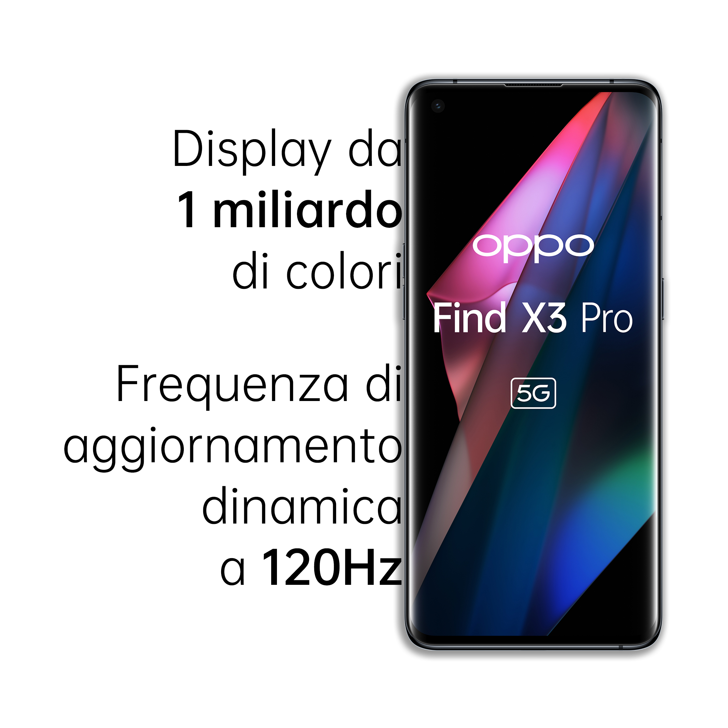 Telefon Oppo Find X3 Pro z wyświetlaczem, tekst o kolorach i częstotliwości odświeżania 120Hz.