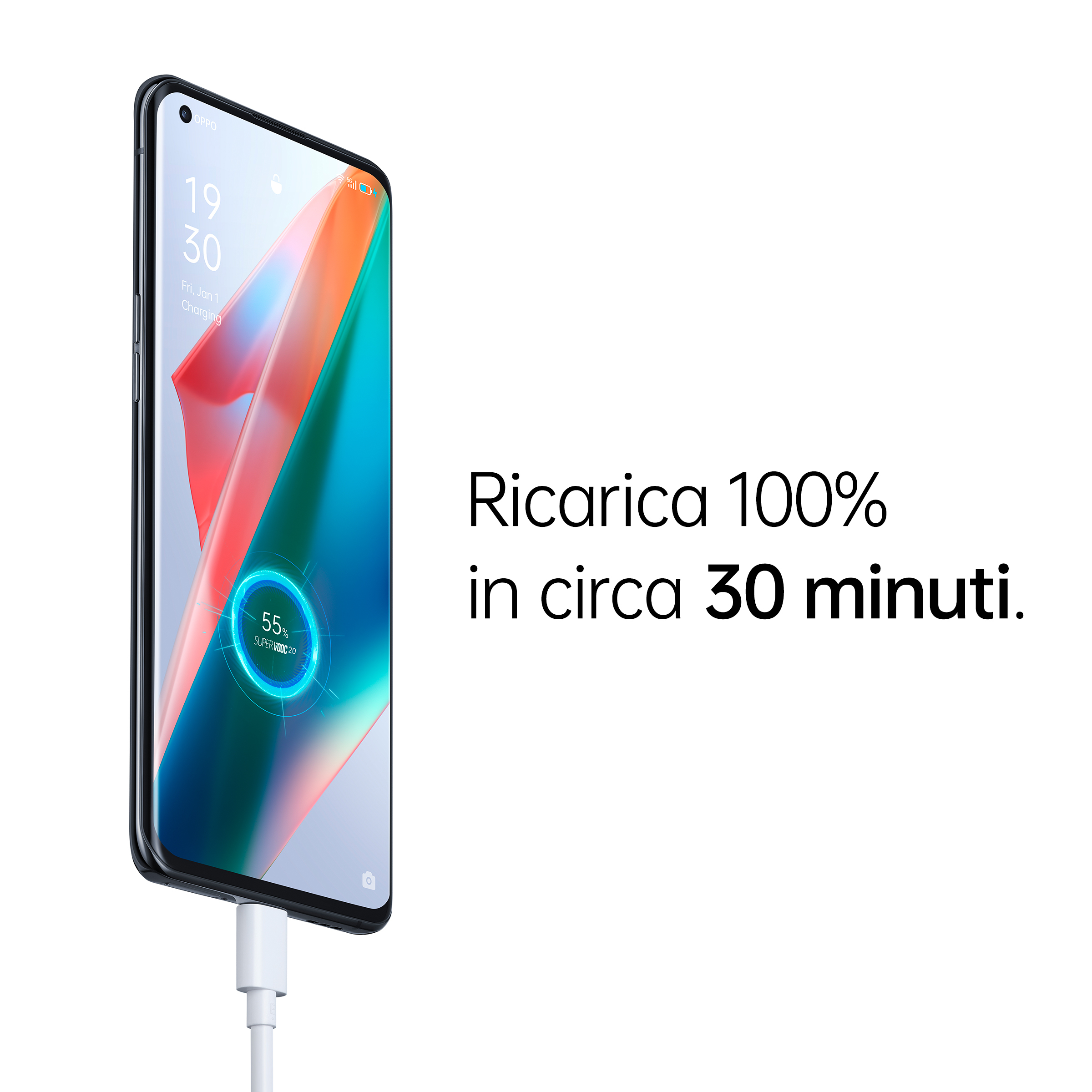 Smartfon w trakcie ładowania z tekstem. Ekran pokazuje ładowanie baterii do 55%. Białe tło.