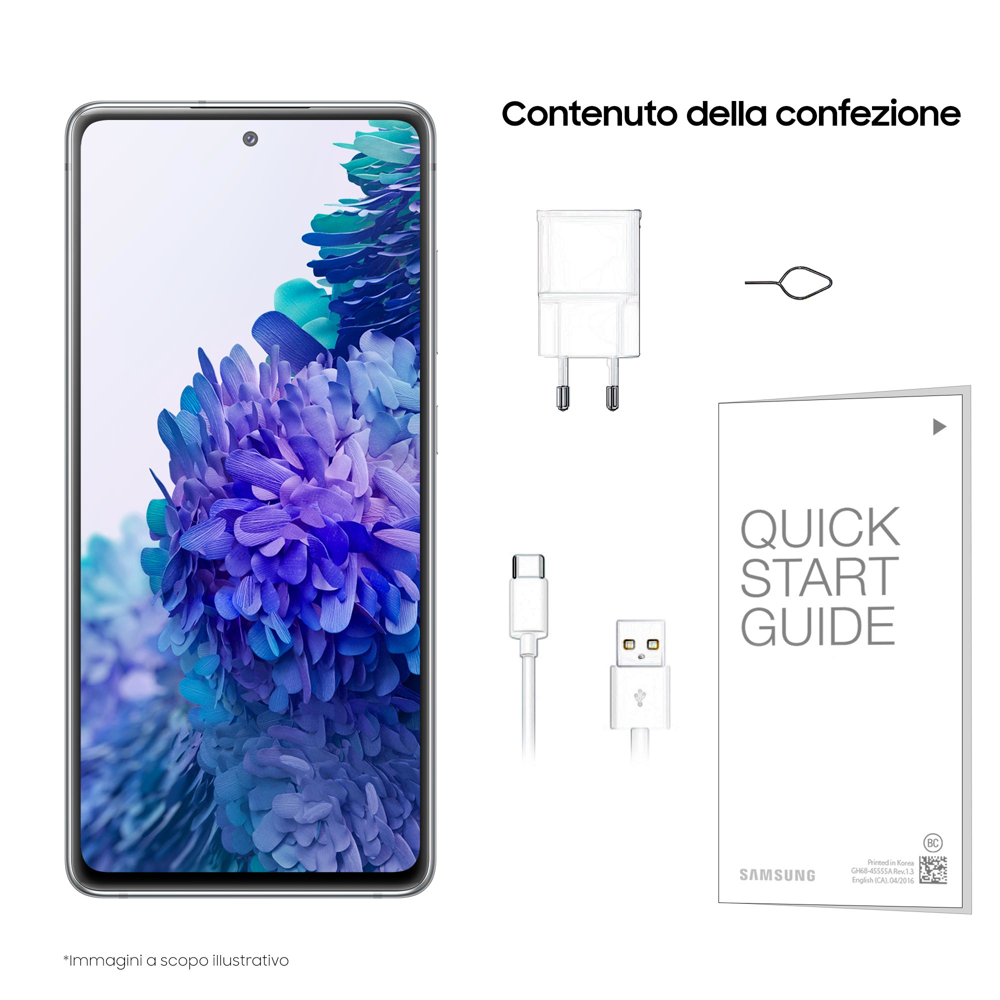 Smartfon i akcesoria: ładowarka, kabel, narzędzie SIM i krótki przewodnik.