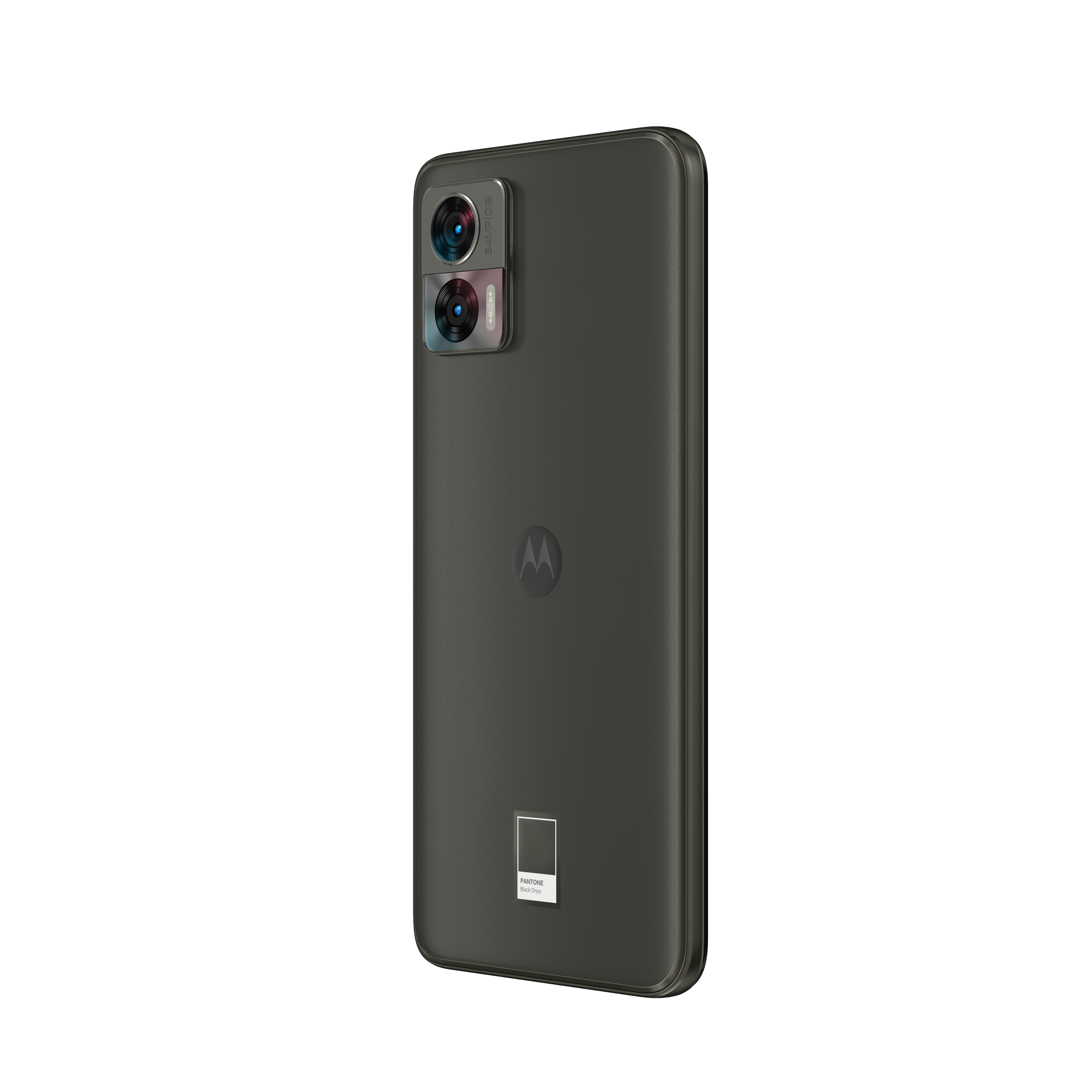 Ciemny telefon z dwoma aparatami i logo Motorola, logo Pantone na dole.