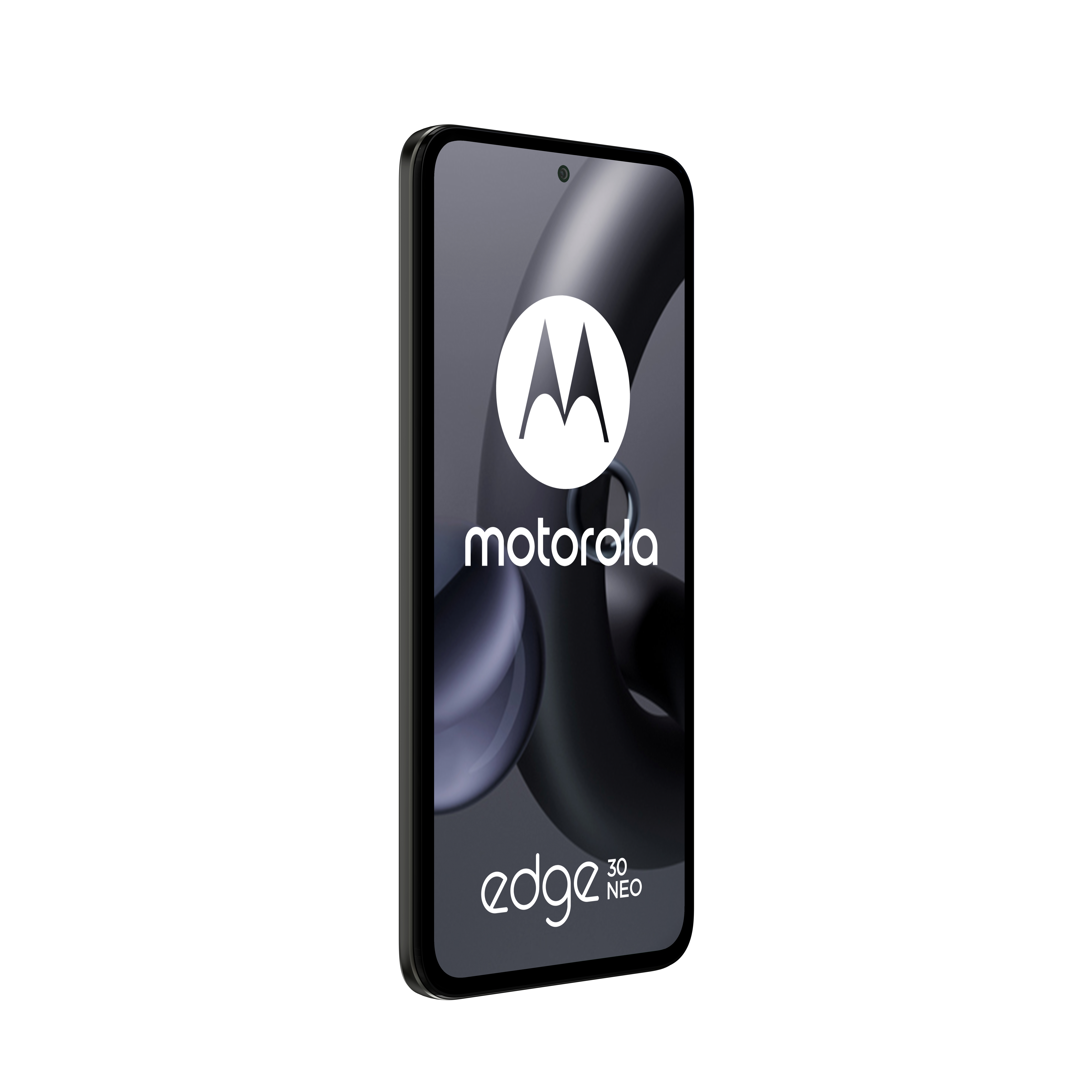 Czarny telefon Motorola wyświetla logo marki na ekranie. Widoczny jest również model edge 30 neo.