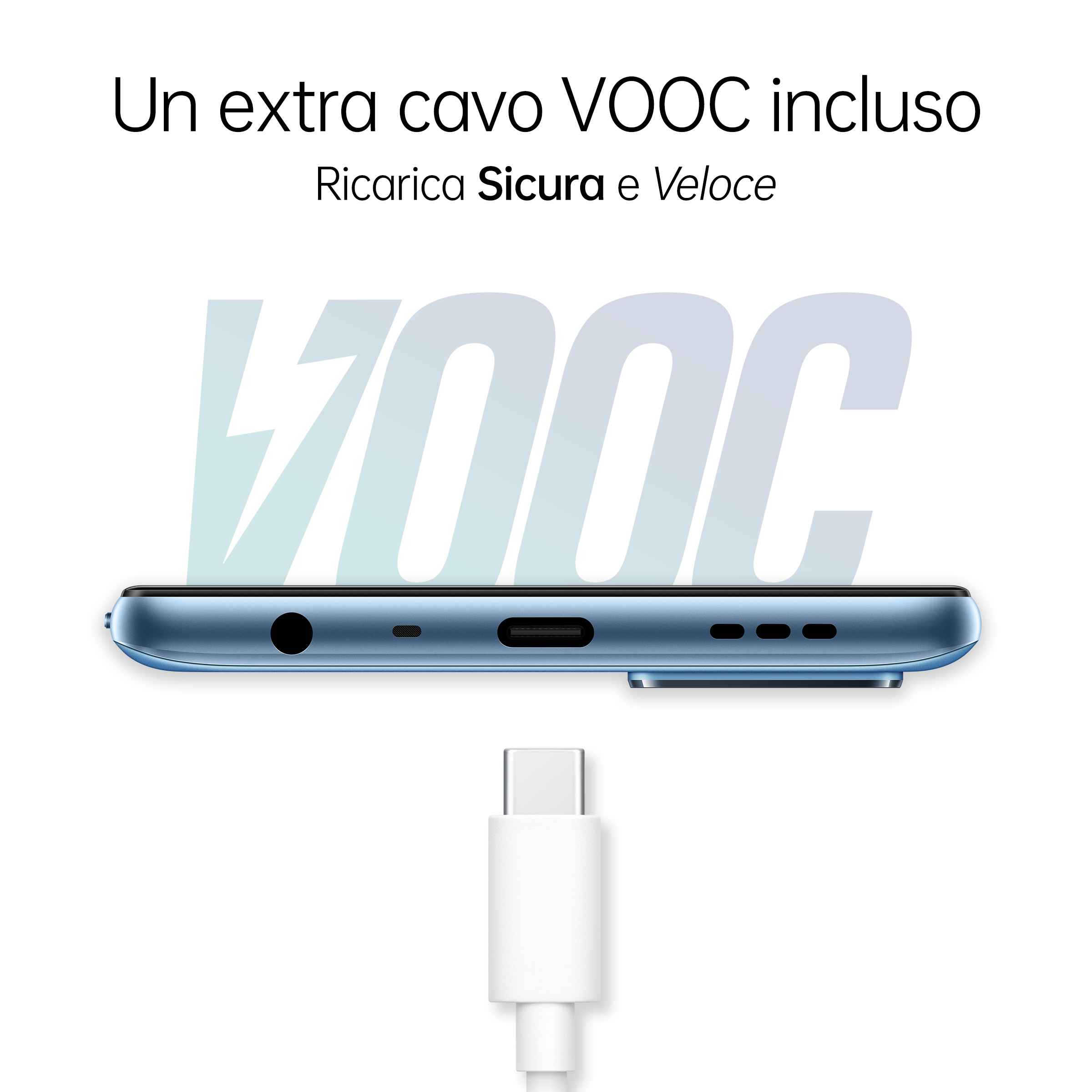 Smartfon z portem USB-C i kablem do ładowania VOOC.