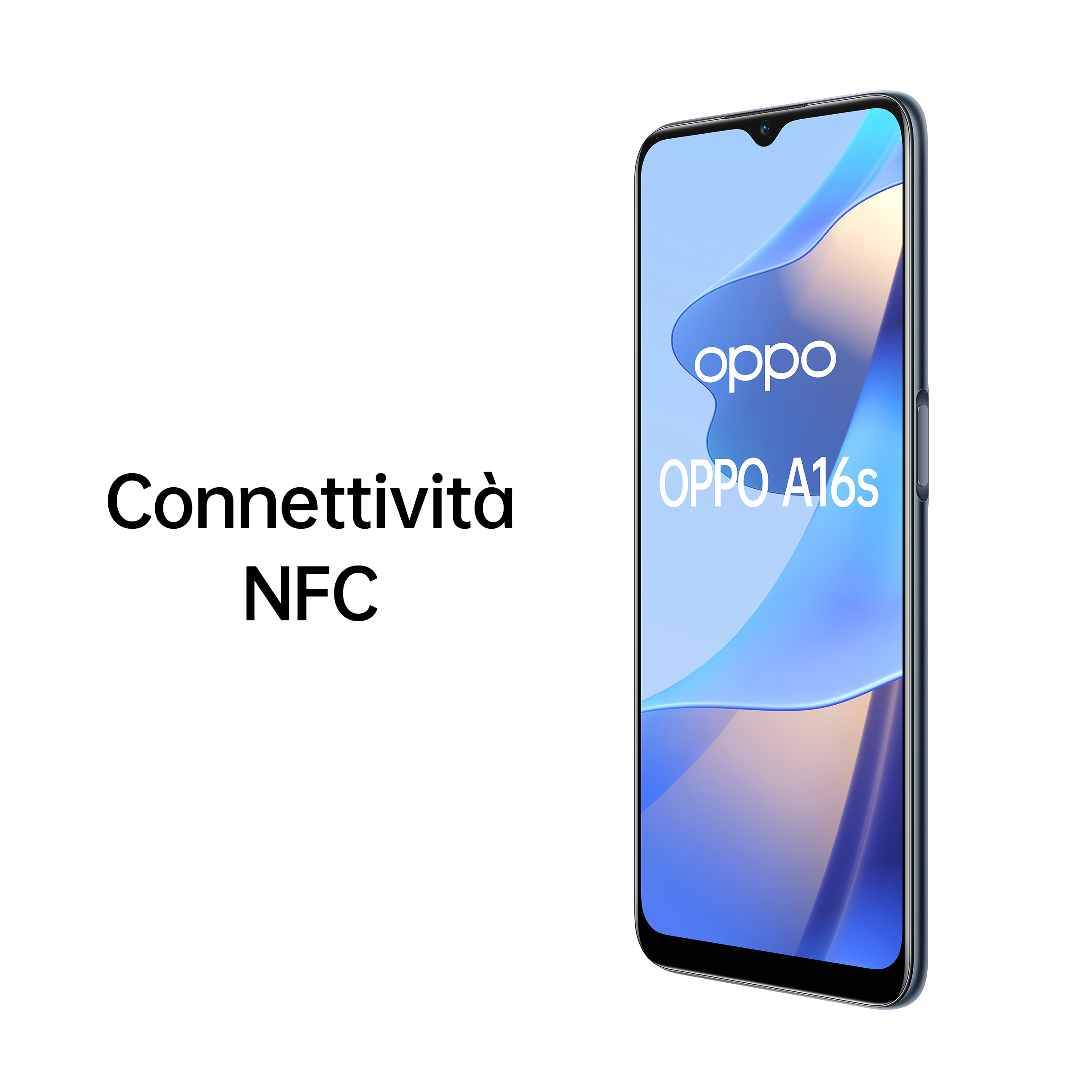 Telefon Oppo na białym tle z tekstem 'NFC Connectivity' i 'OPPO A16s'.