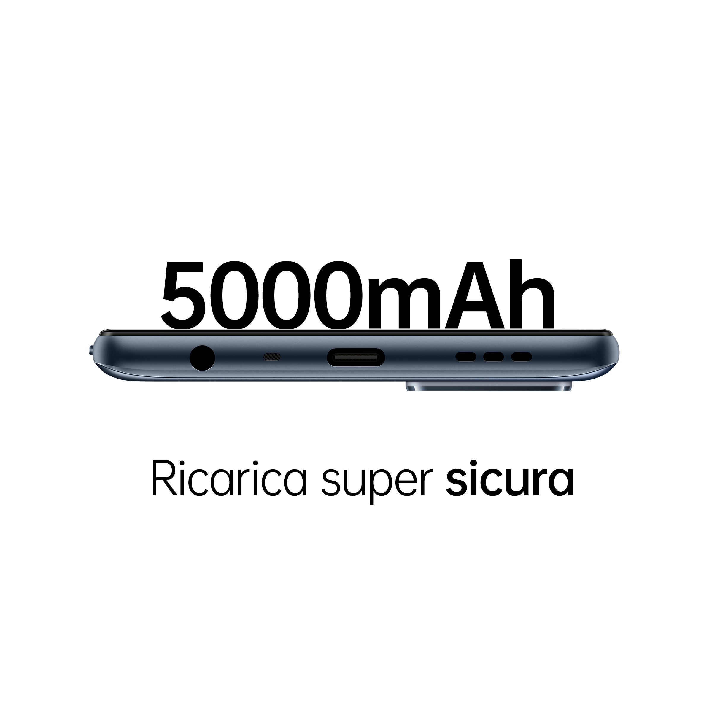 Spód niebieskiego telefonu z tekstem '5000mAh' i 'Ricarica super sicura'.
