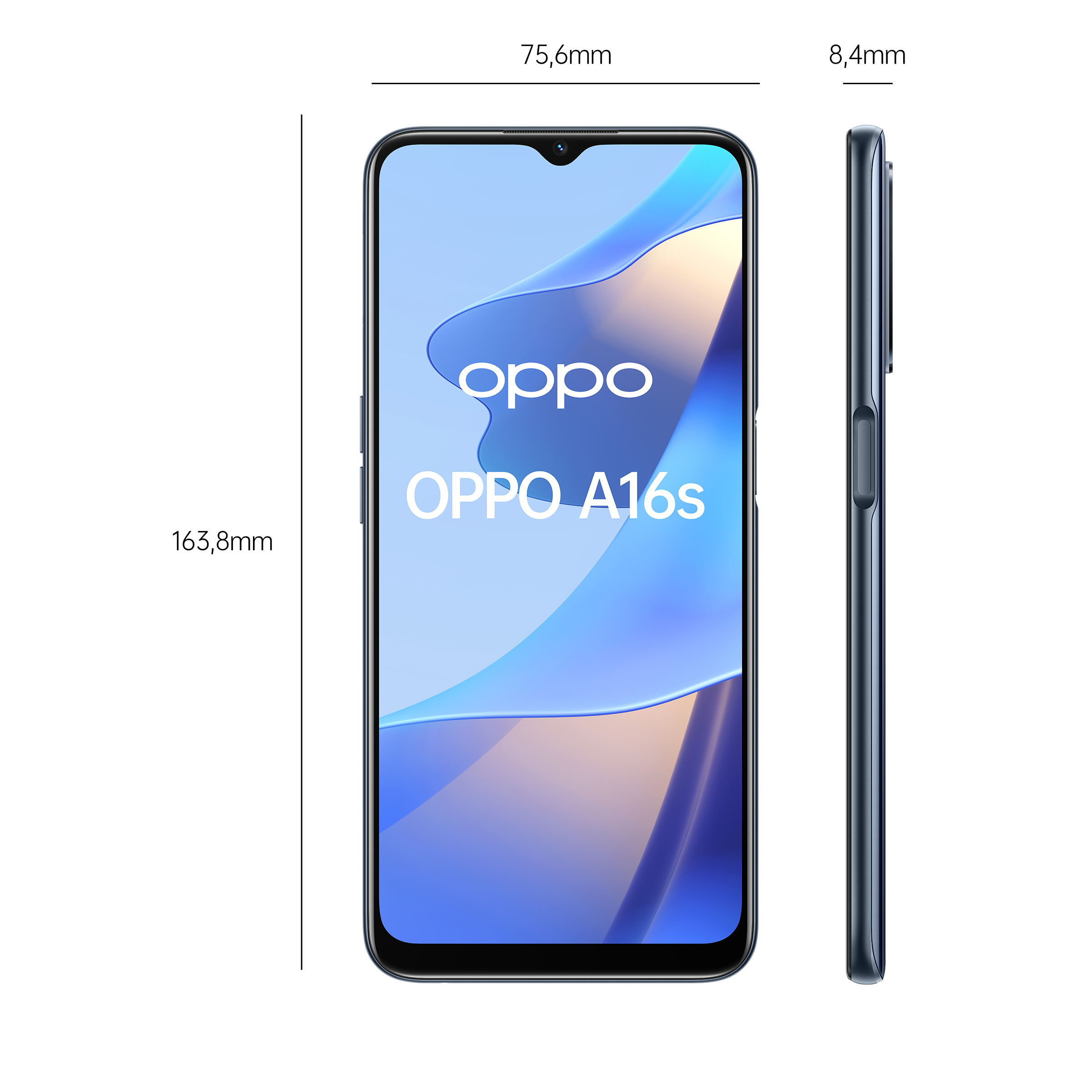 Telefon, widok z przodu i z boku. Ekran wyświetla wymiary. Białe tło.