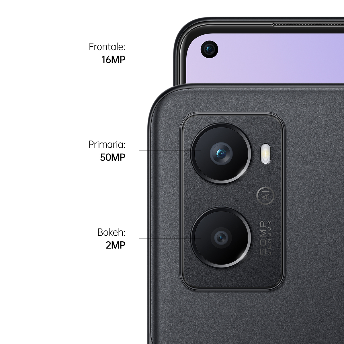 Gros plan des caméras d'un téléphone. Il possède trois caméras, avec des étiquettes pour chacune.