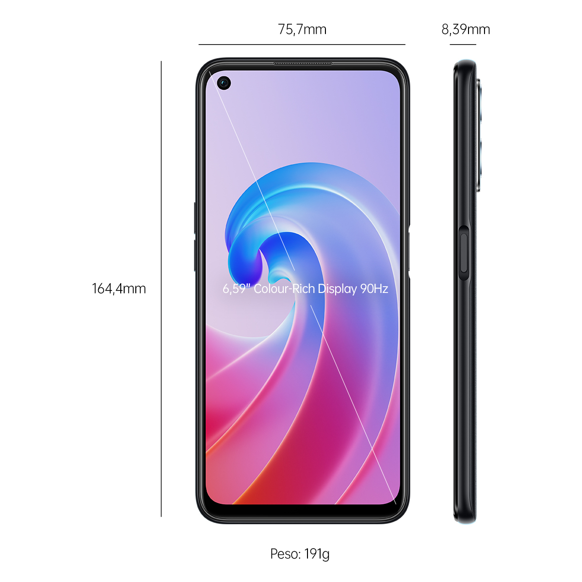 Un téléphone noir, vues avant et latérale, avec dimensions et informations de poids.