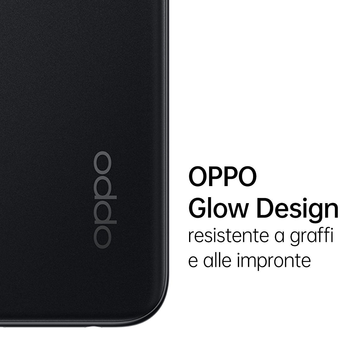 Téléphone noir, vue de coin. Le logo Oppo est visible. Le texte indique : Oppo Glow Design, résistant.