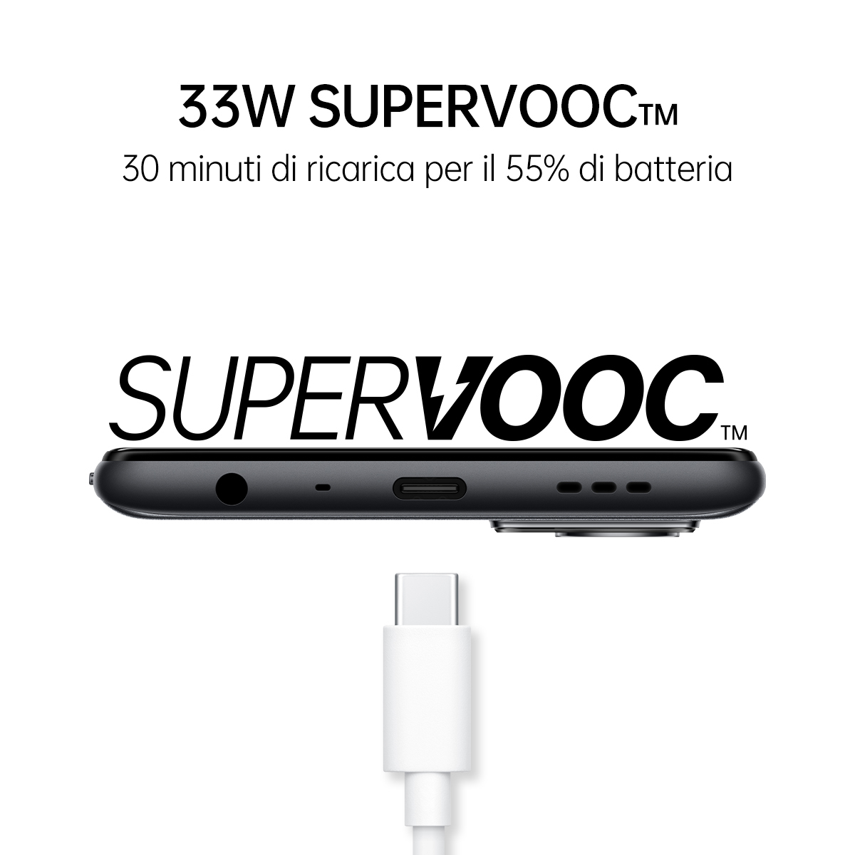 Bas du smartphone avec port de chargement et texte sur la vitesse de charge. Design moderne.