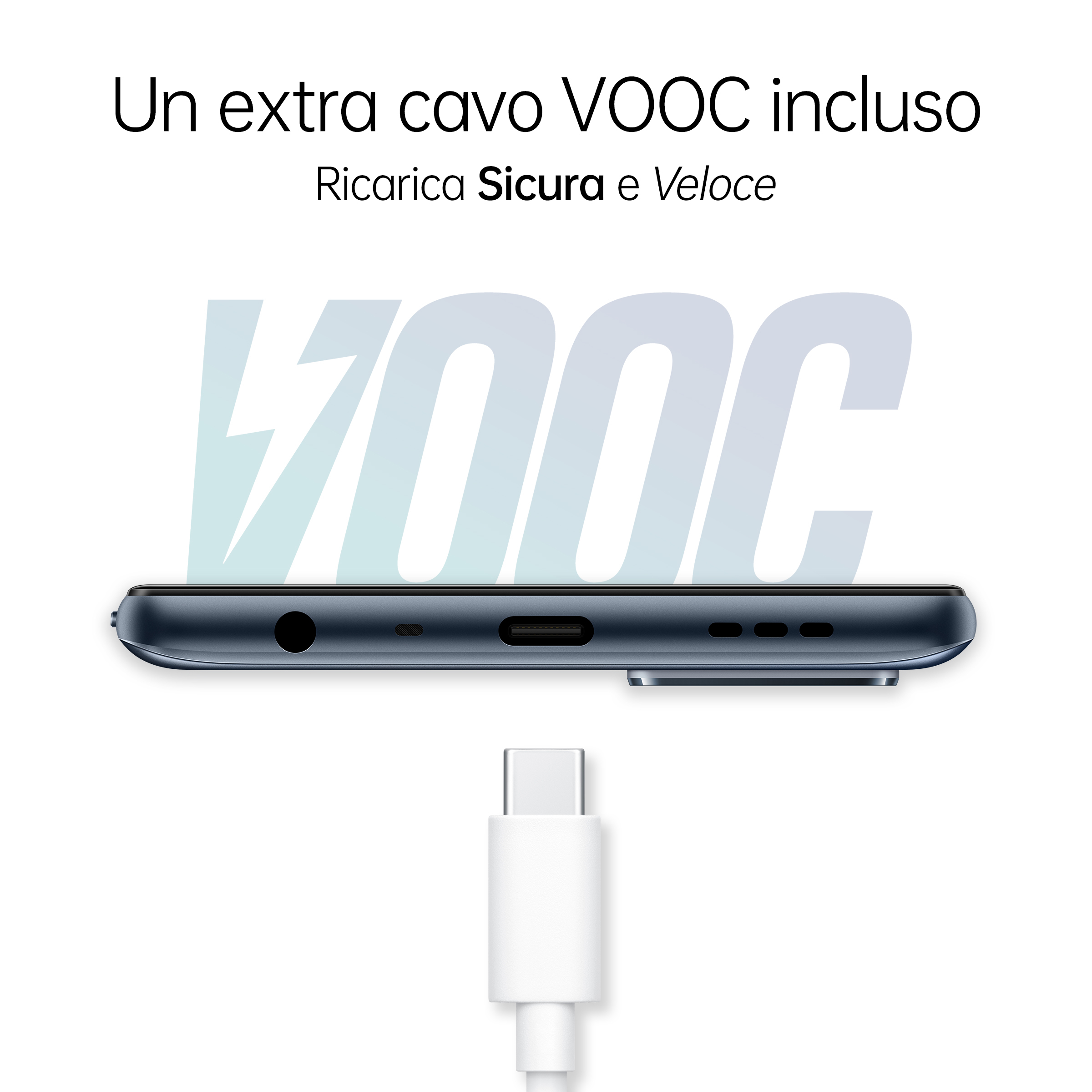 Zbliżenie portu ładowania telefonu, biały kabel podłączony, tekst o szybkim ładowaniu.