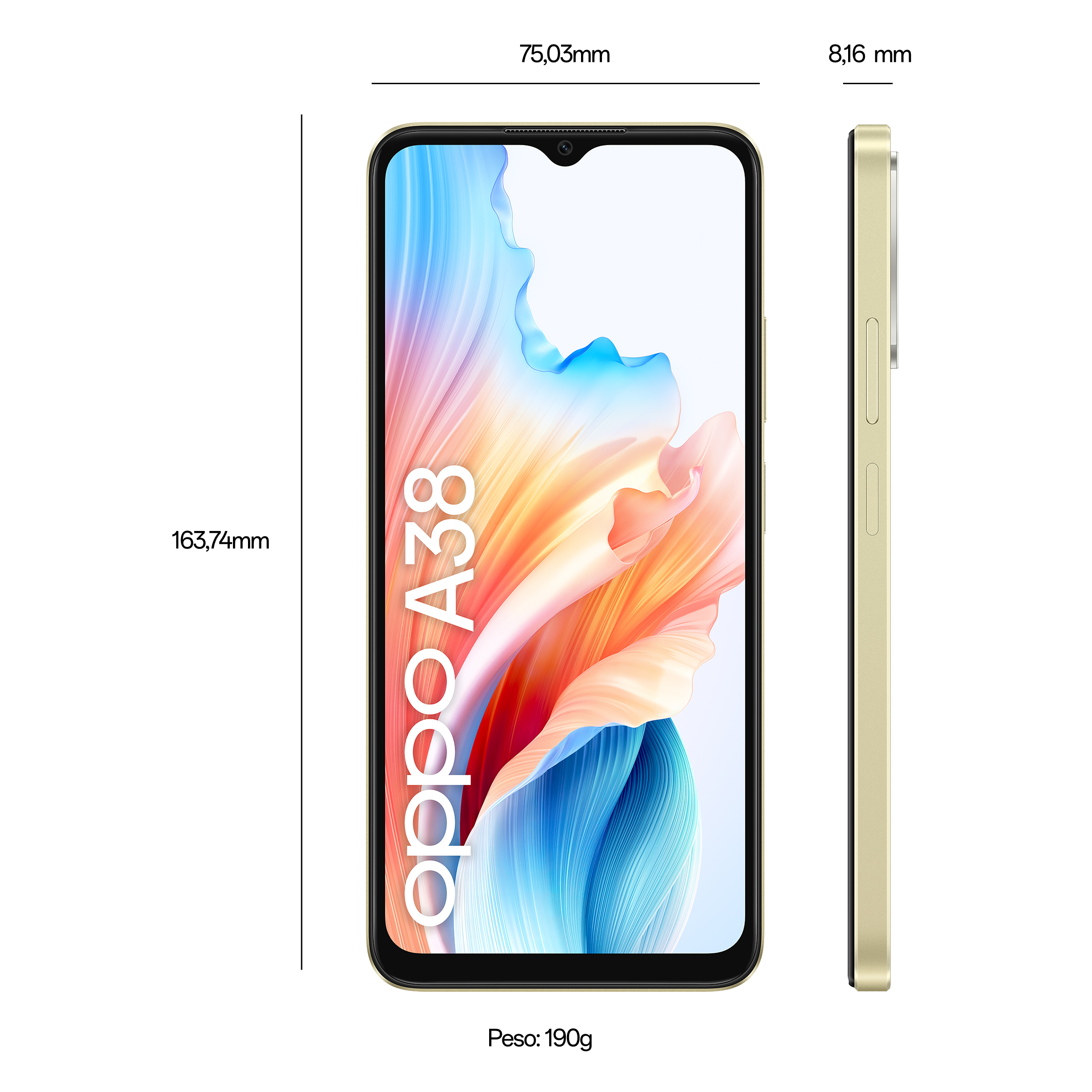 Telefon Oppo A38, wymiary oznaczone, profil boczny.