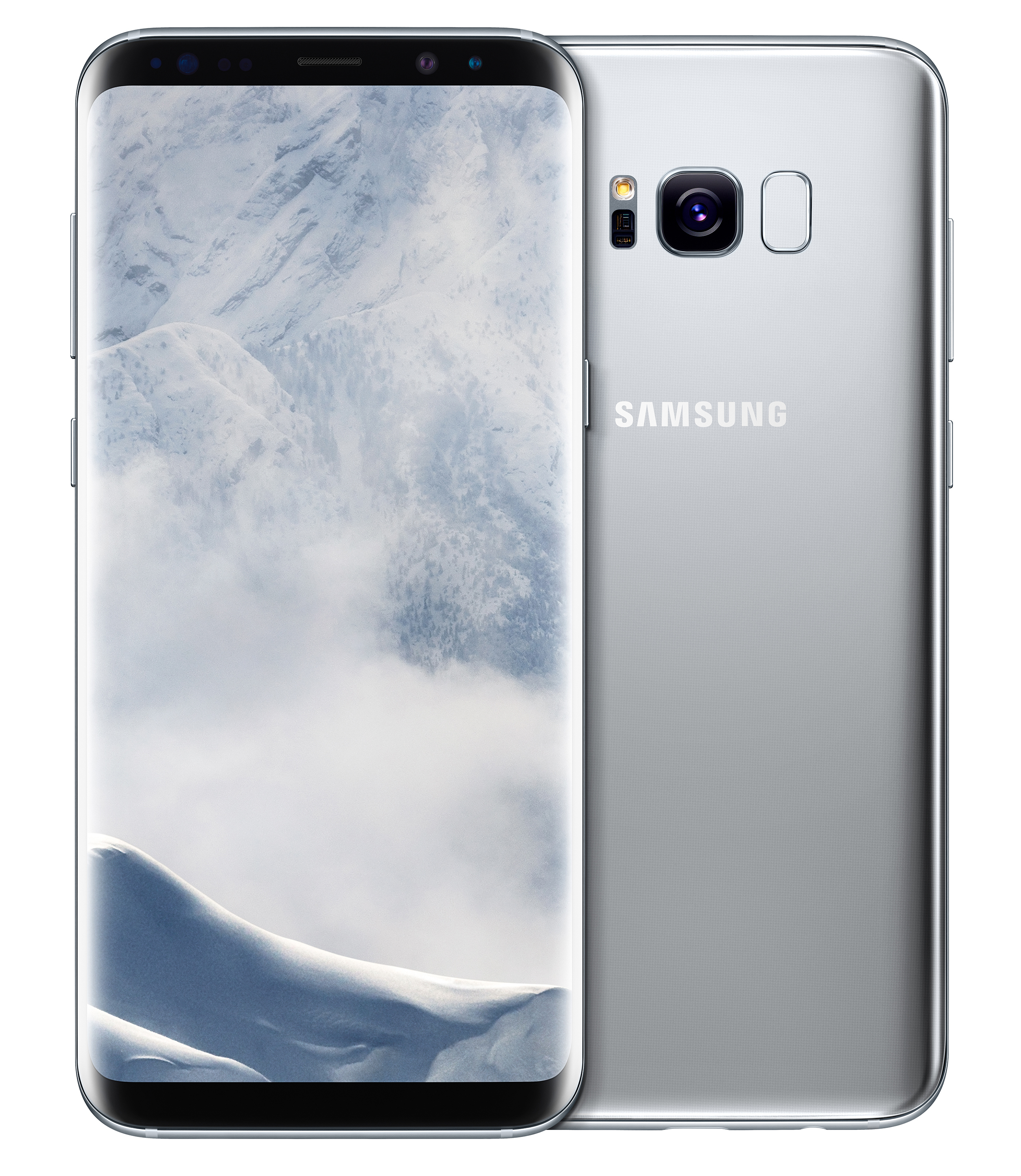 Rückseite und Vorderseite eines silbernen Samsung-Telefons mit schneebedecktem Bergpanorama.