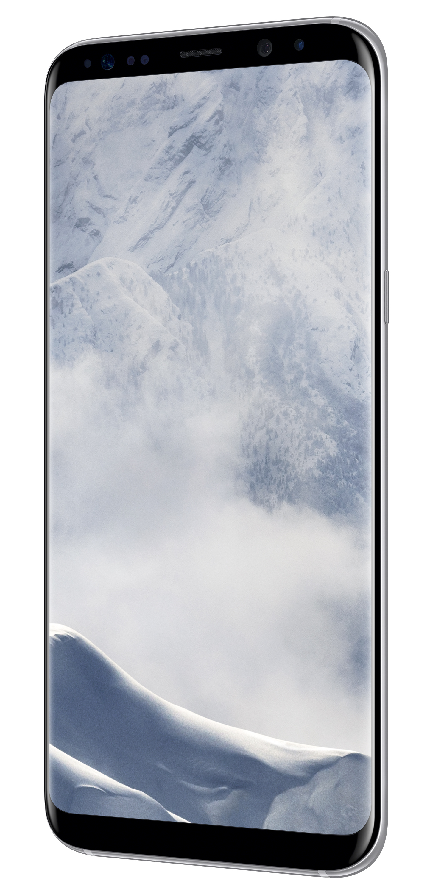 Smartphone, Bildschirm mit schneebedeckten Bergen. Silberner Rahmen, Schrägansicht.
