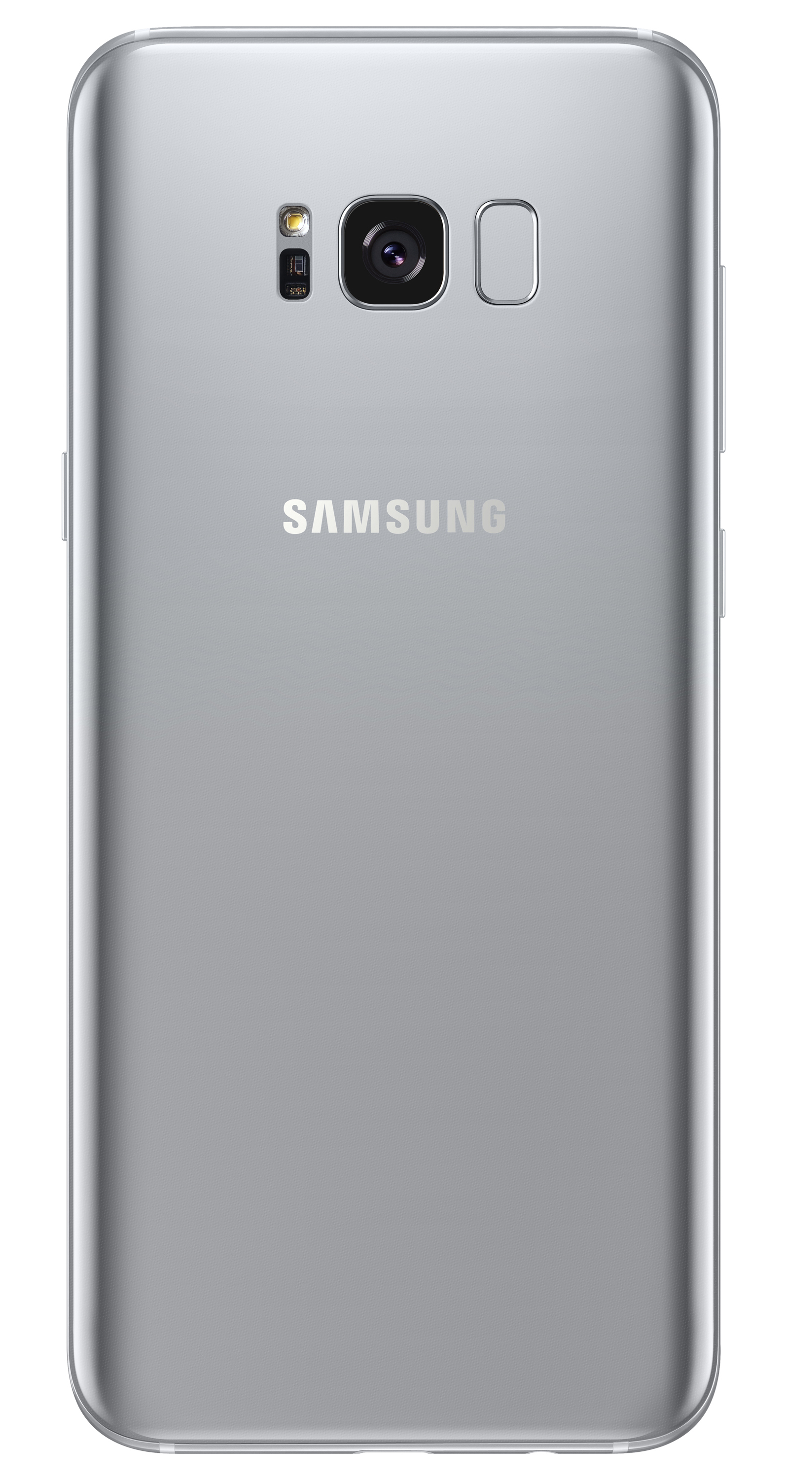 Silberne Rückseite eines Samsung-Telefons. Das Samsung-Logo ist sichtbar. Kamera und Blitz sind oben.