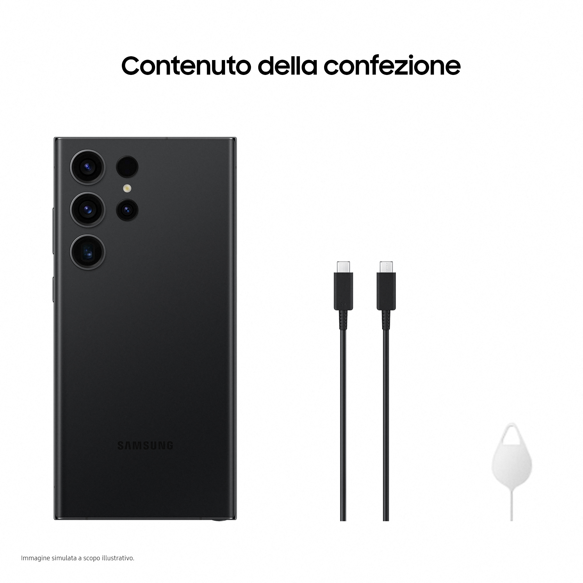 Czarny telefon z trzema aparatami, dwoma czarnymi kablami i narzędziem do wyjmowania karty SIM.