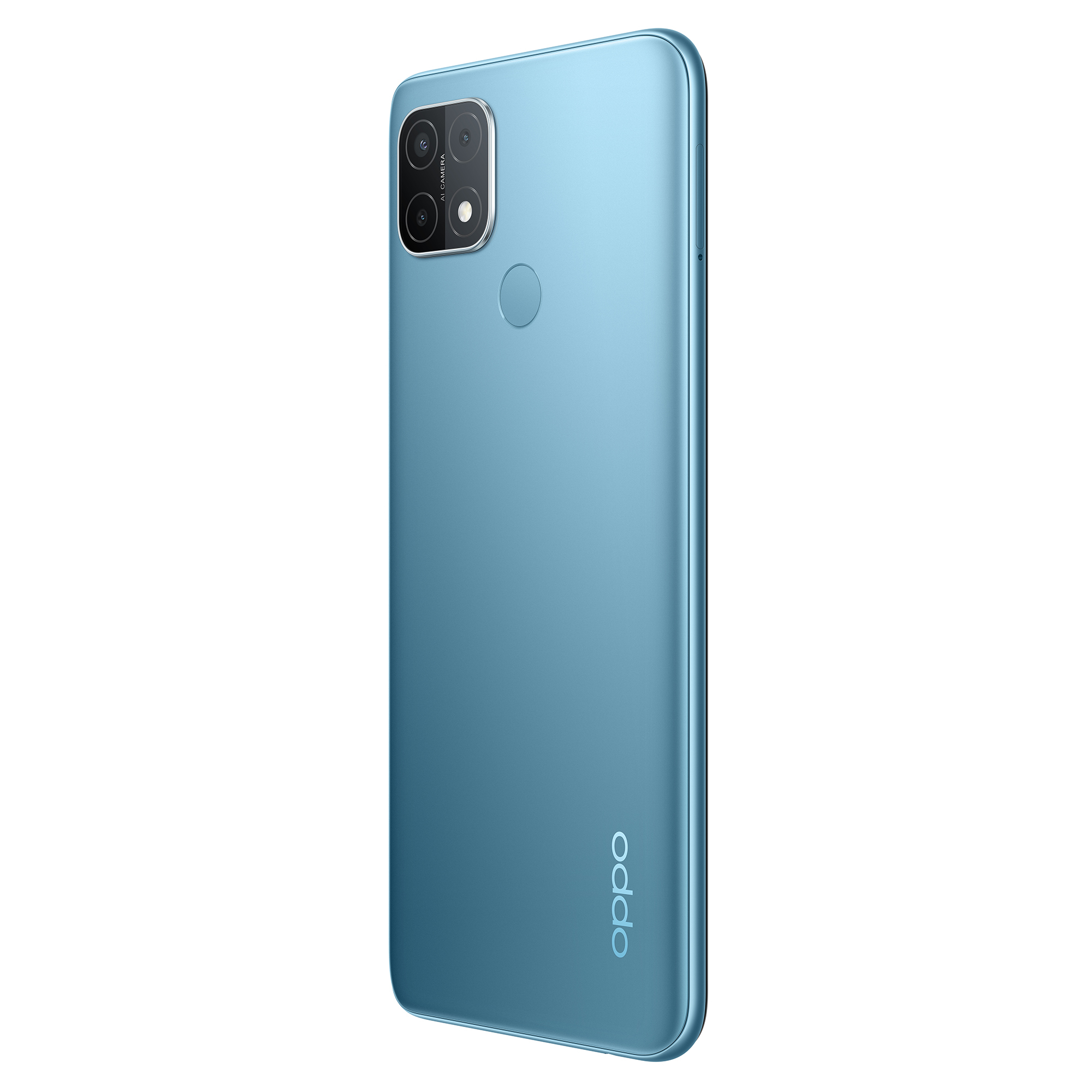 Telefono Oppo blu, visto da dietro in diagonale. Ha una fotocamera e un sensore di impronte digitali.
